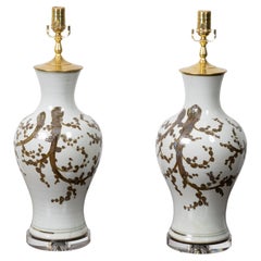 Pair of Asian Porcelain Vase Table Lamps with Brown Décor on Lucite Bases