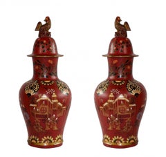 Pair of Asian Rooster Finial Lidded Red Urns