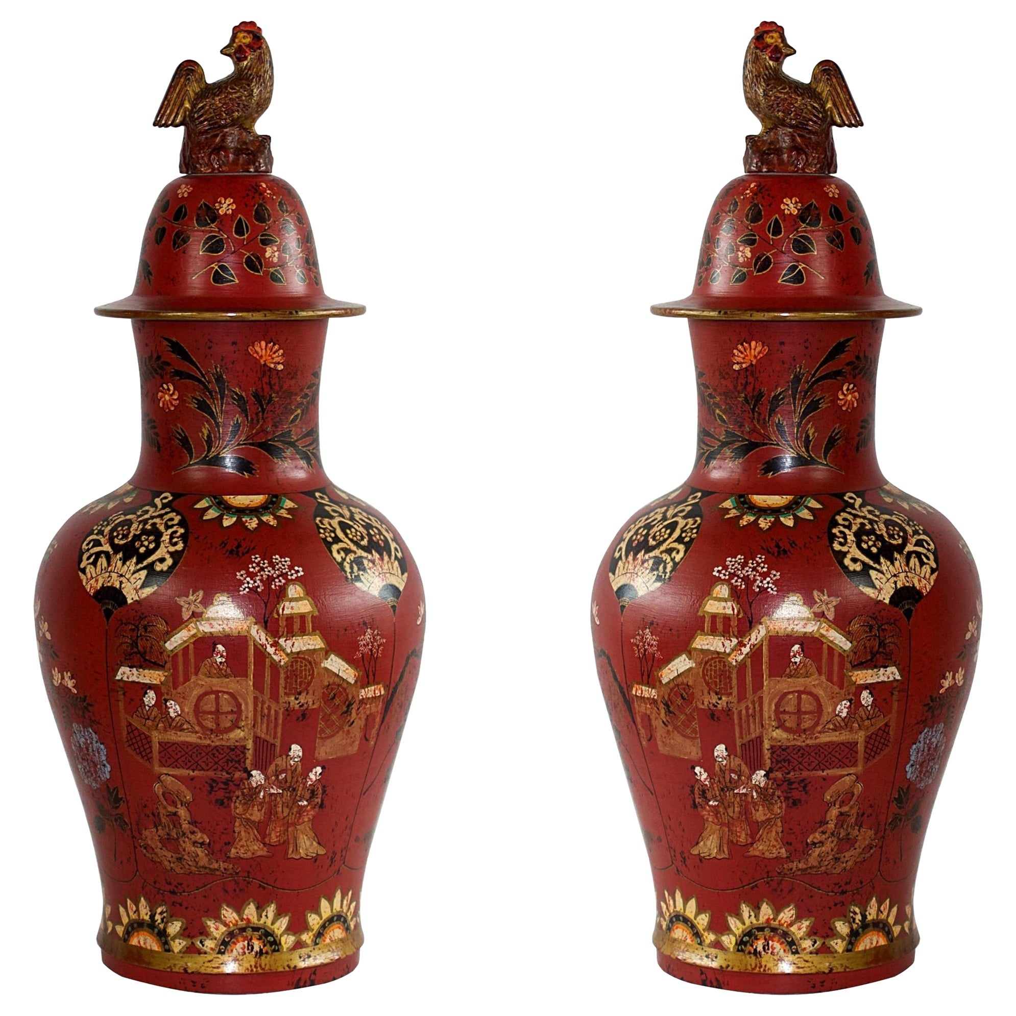 Pair of Asian Rooster Finial Lidded Red Urns For Sale