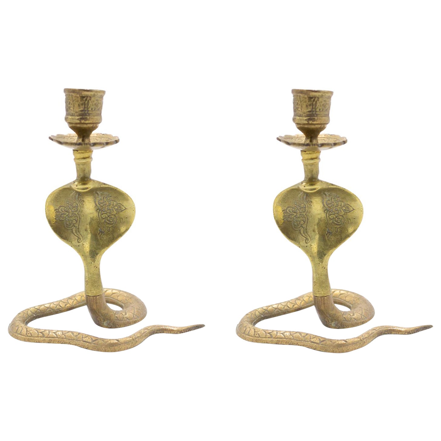 Pair of Asian Siamese Style Bronze Cobra Candlesticks