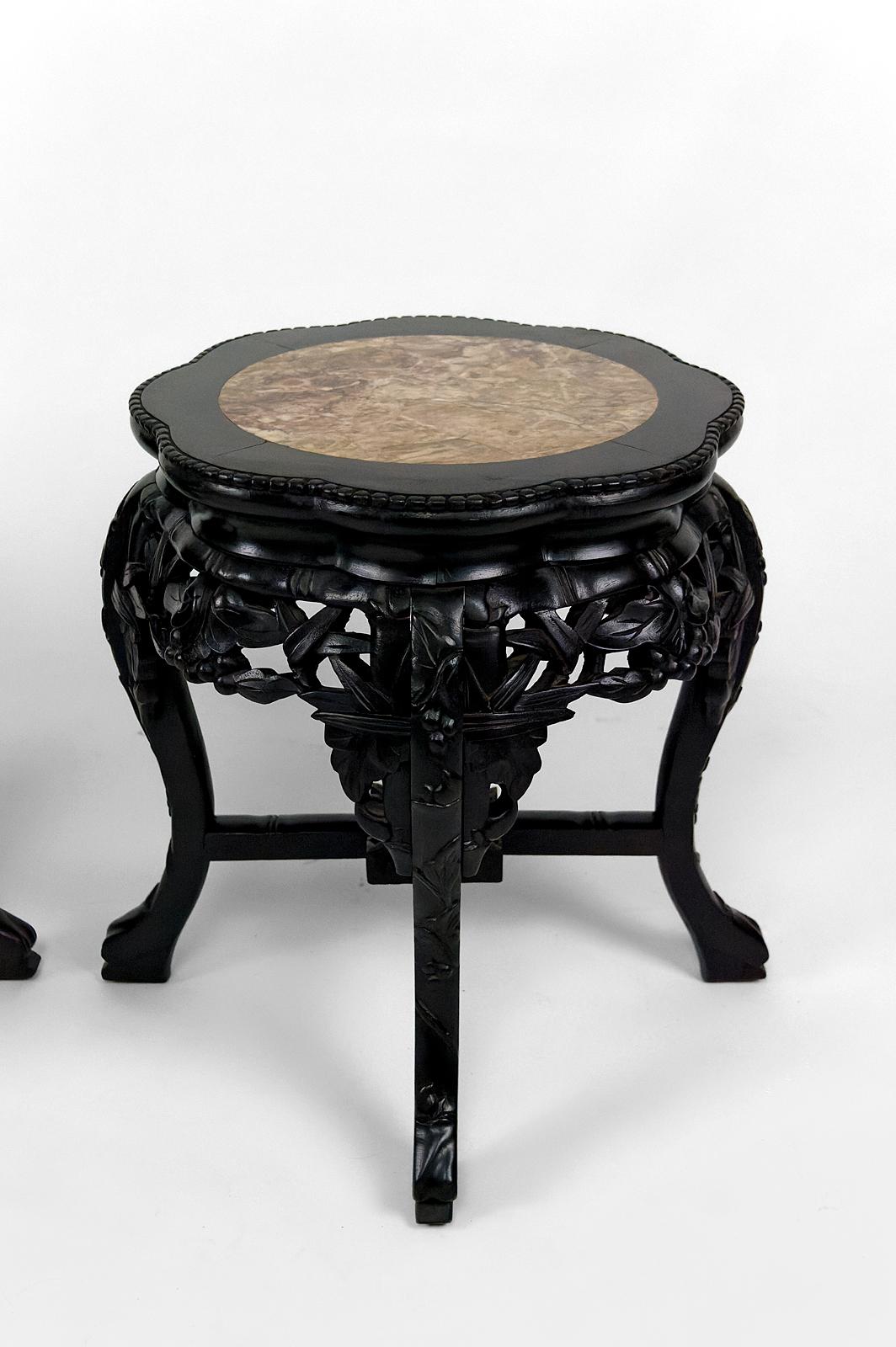 Late 19th Century Pair of Asian side tables / coffee tables in carved wood and marble tops, 1880's For Sale