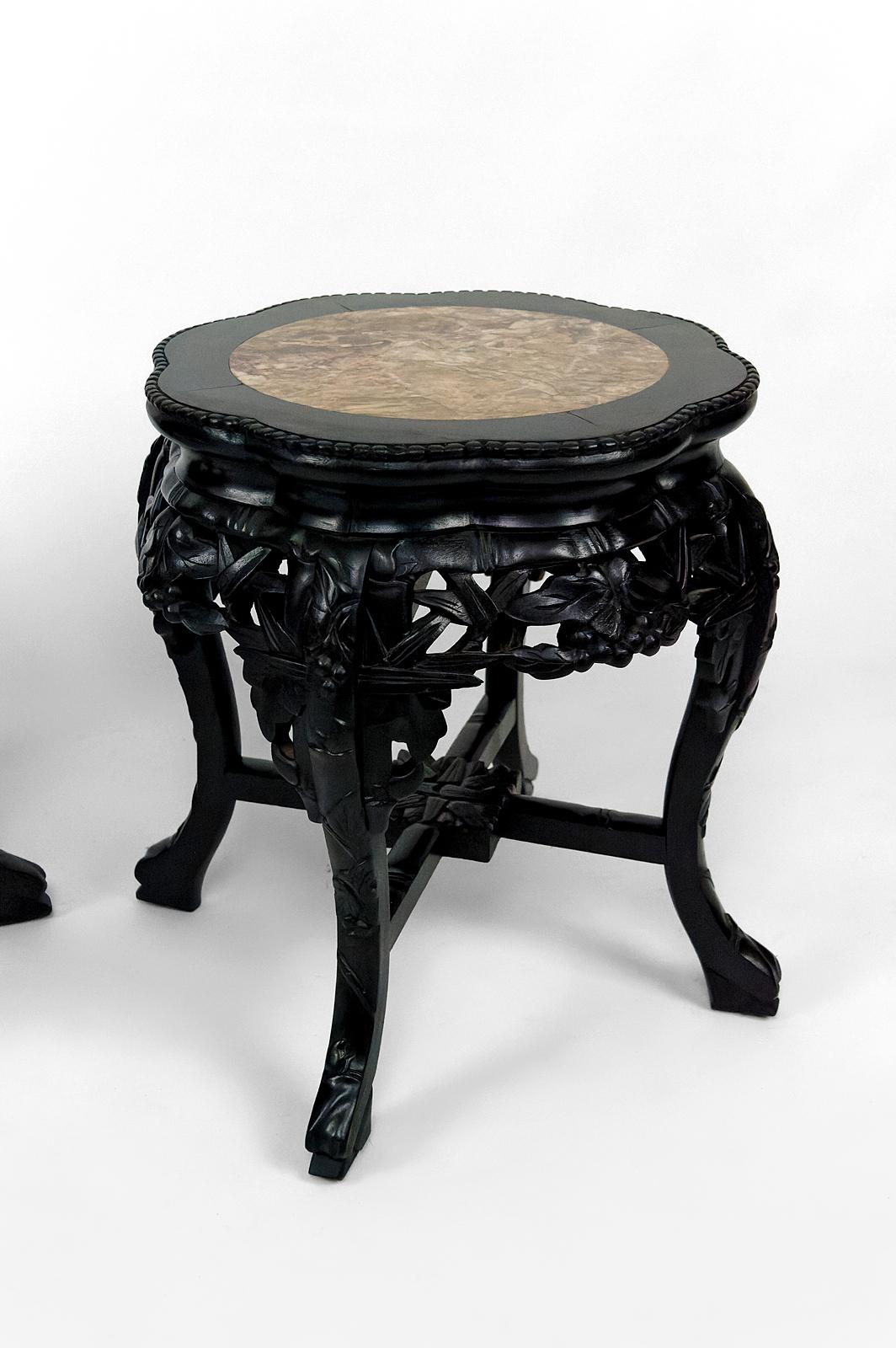 Pair of Asian side tables / coffee tables in carved wood and marble tops, 1880's 1
