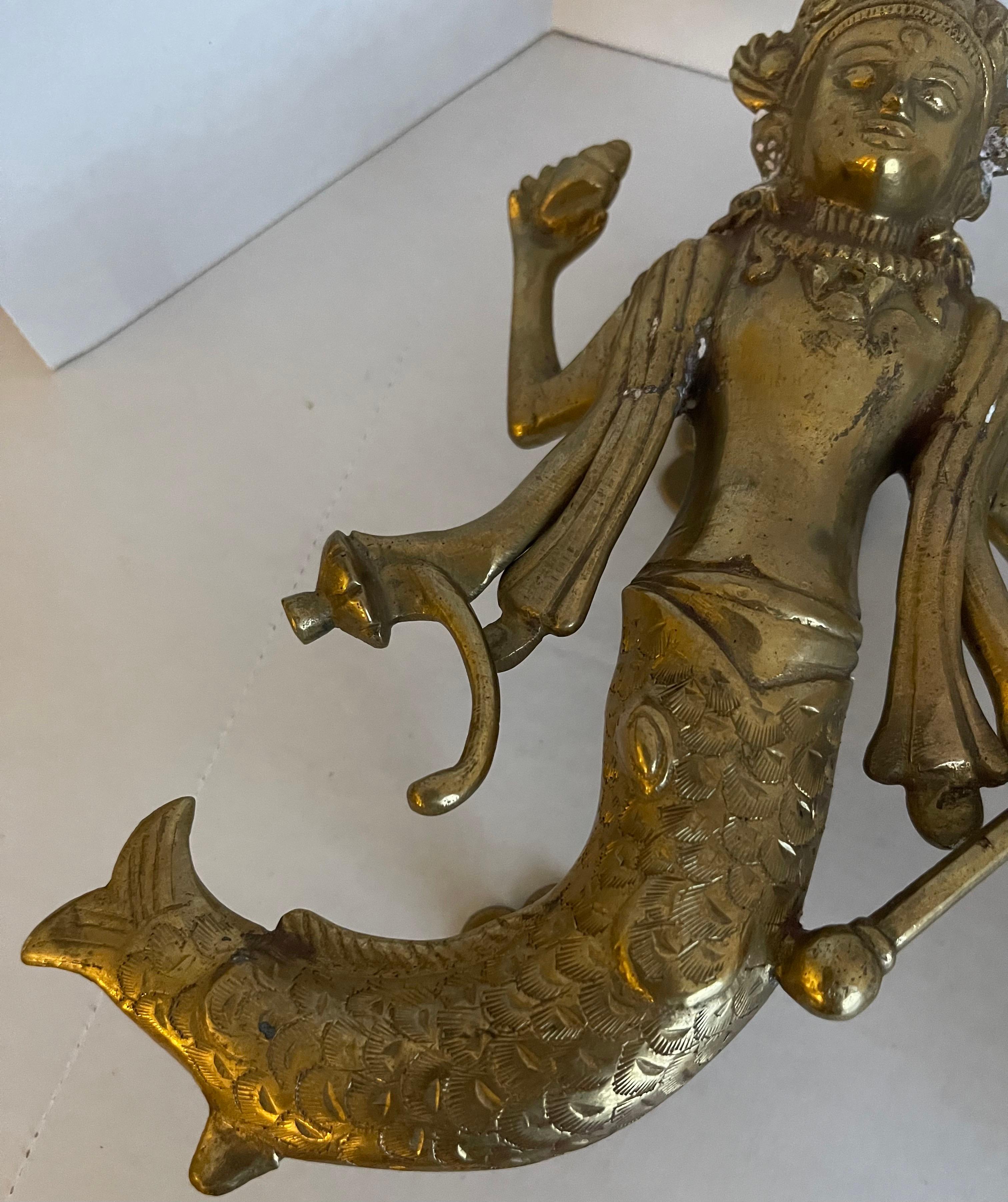 Thai Pair of Asian Solid Brass Goddess Door Pulls A For Sale