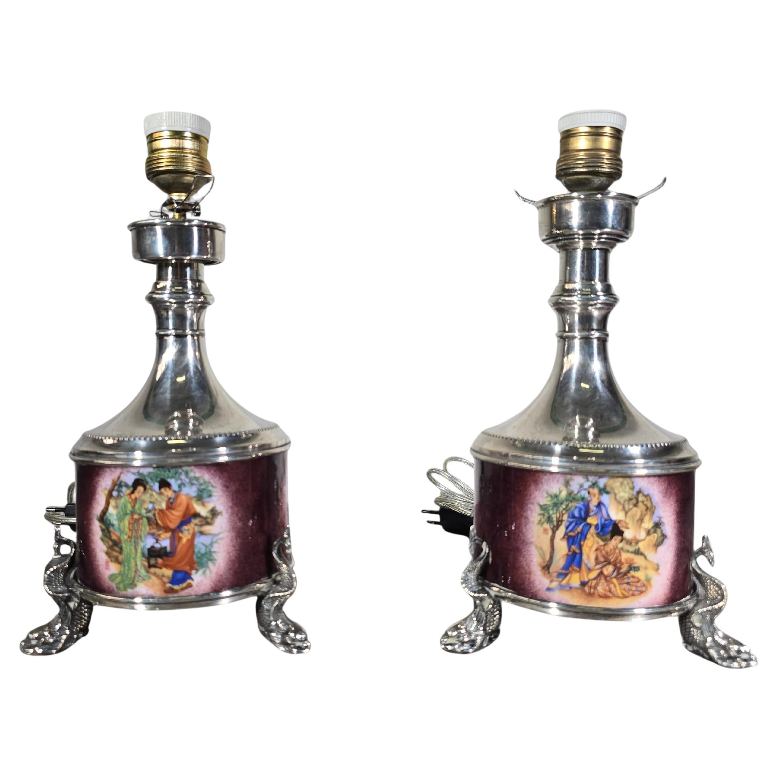 Pair of Asian Solid Silver and Enamel Lamps – Early 20th Century For Sale