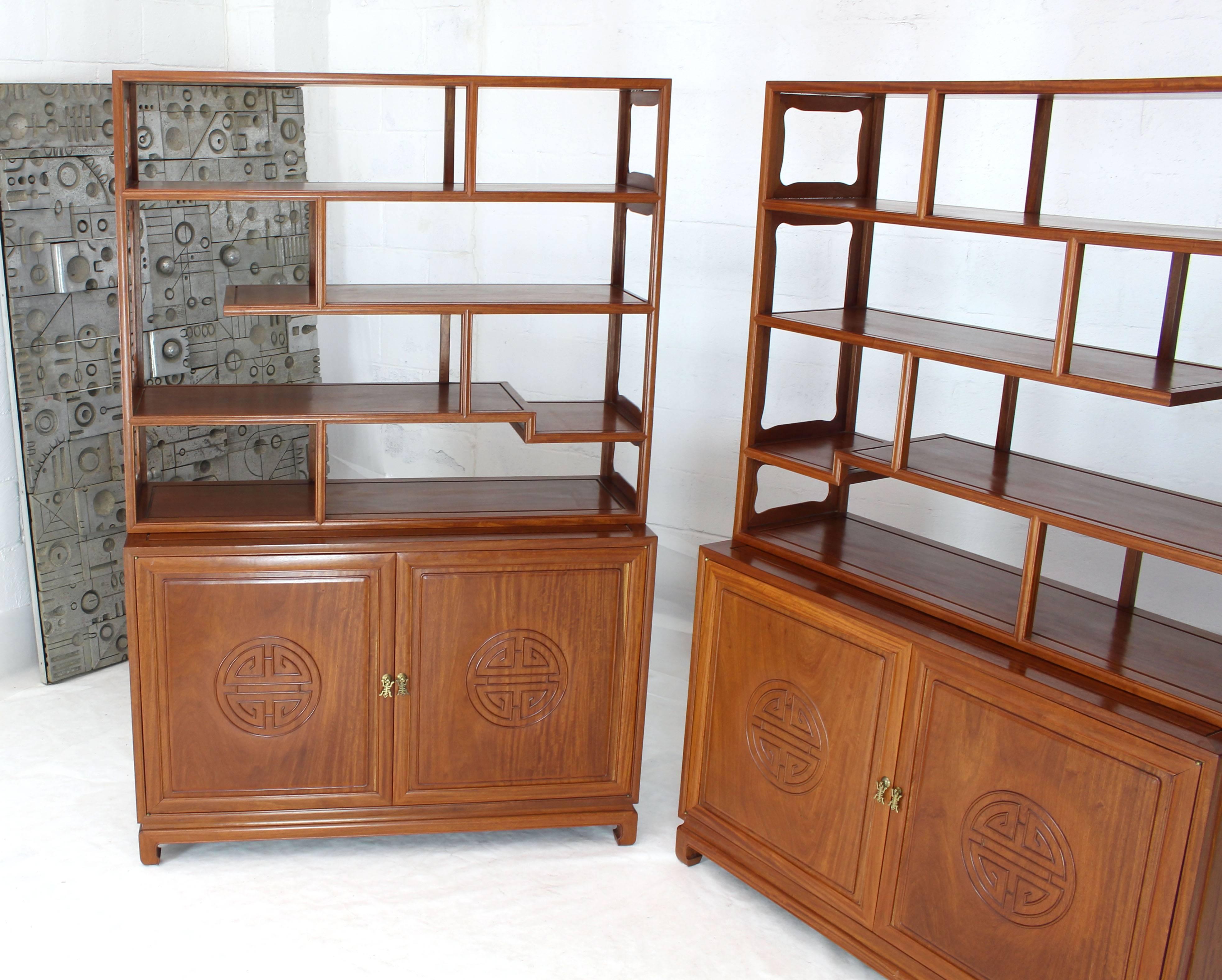 Pair of Asian Solid Teak Étagères Double Carved Doors Cabinets For Sale 2