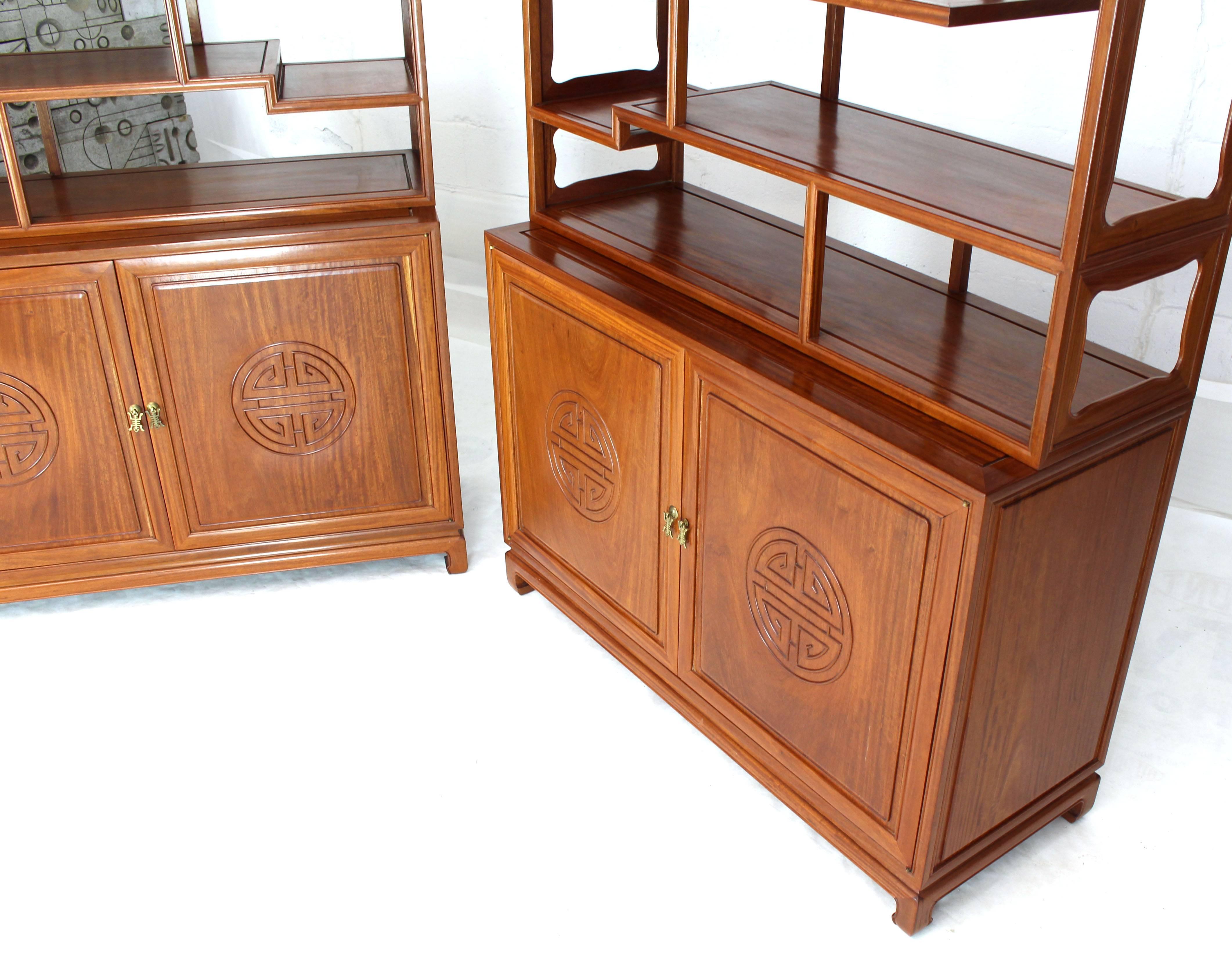 Pair of Asian Solid Teak Étagères Double Carved Doors Cabinets For Sale 3