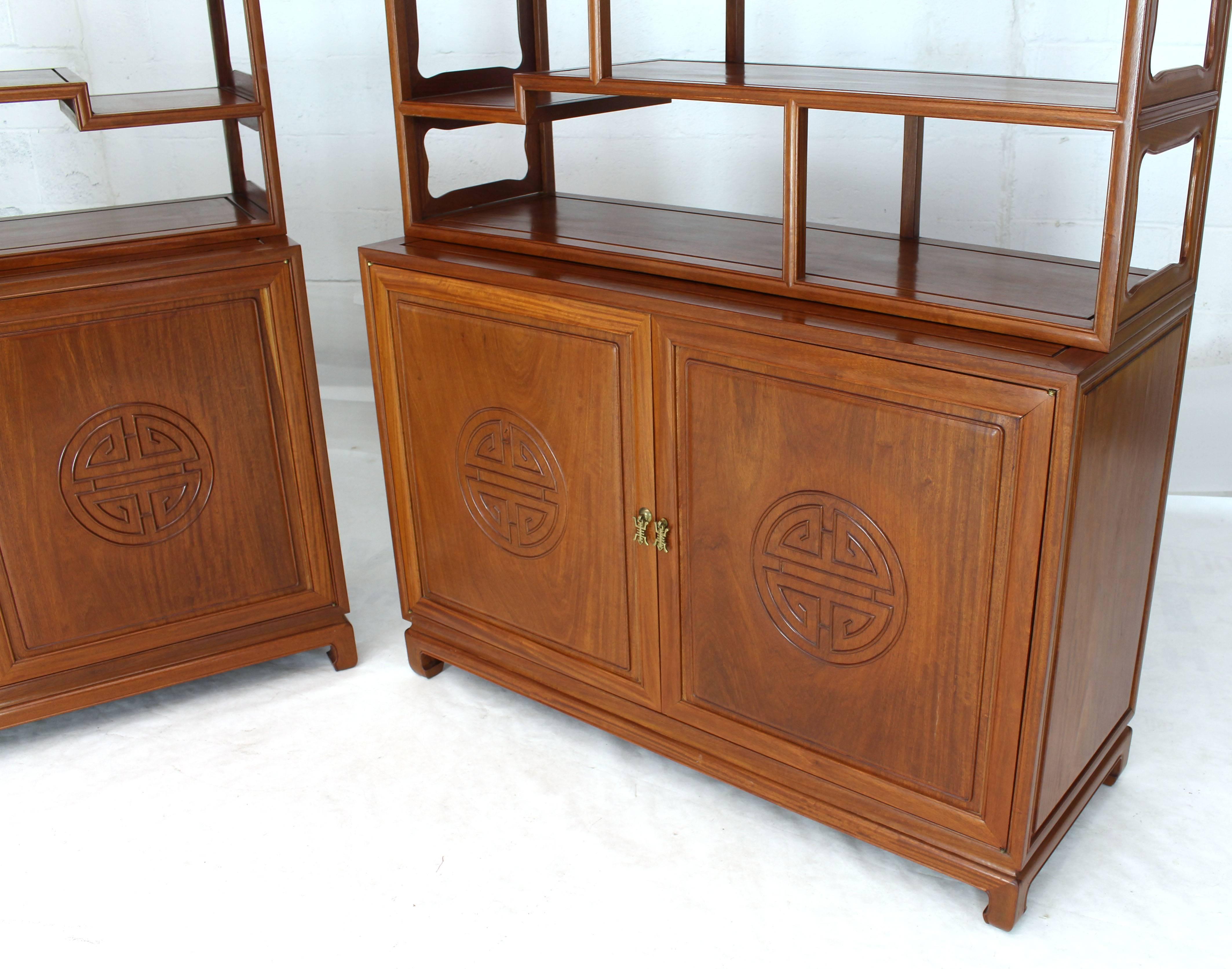 Mid-Century Modern Pair of Asian Solid Teak Étagères Double Carved Doors Cabinets For Sale