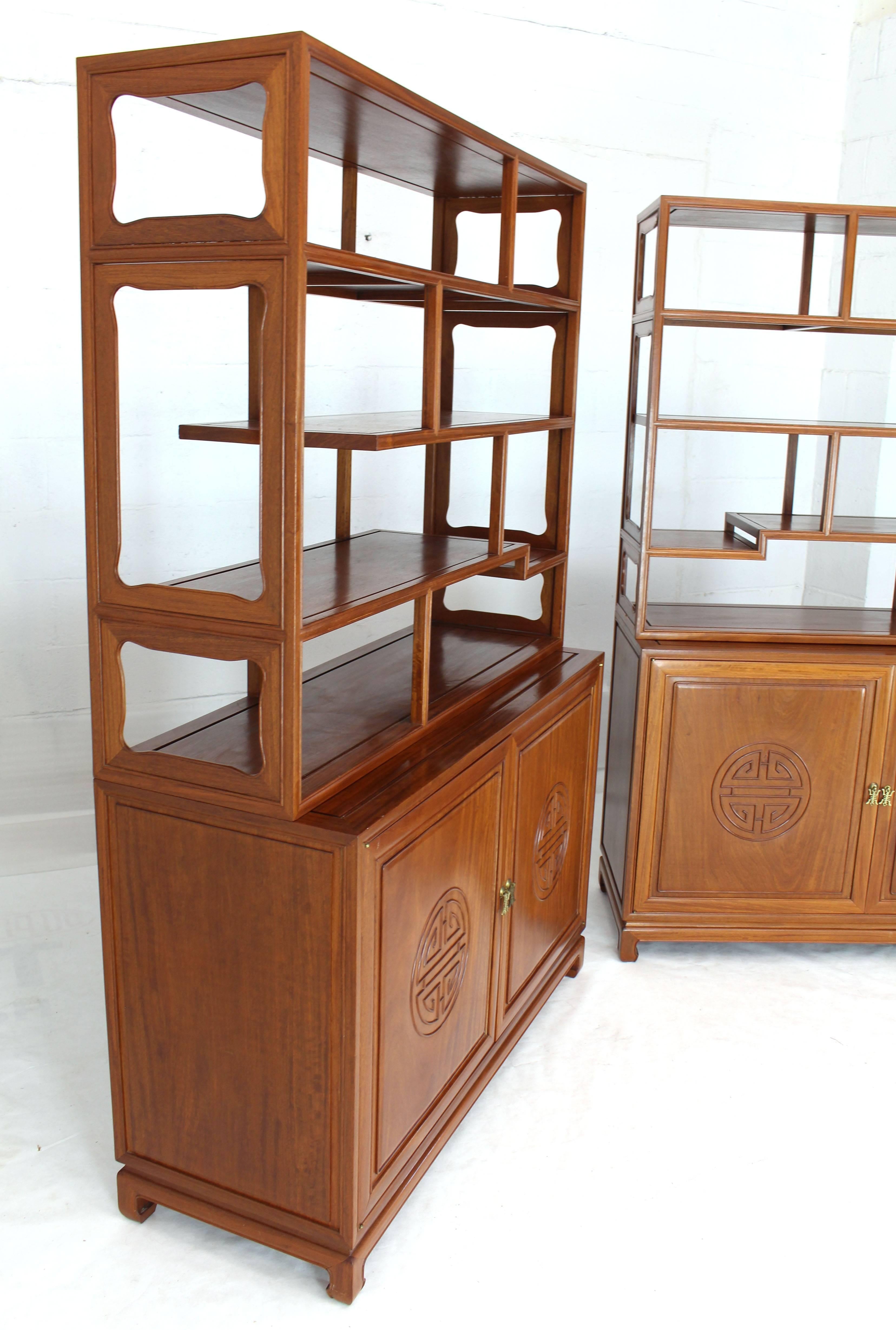 20th Century Pair of Asian Solid Teak Étagères Double Carved Doors Cabinets For Sale