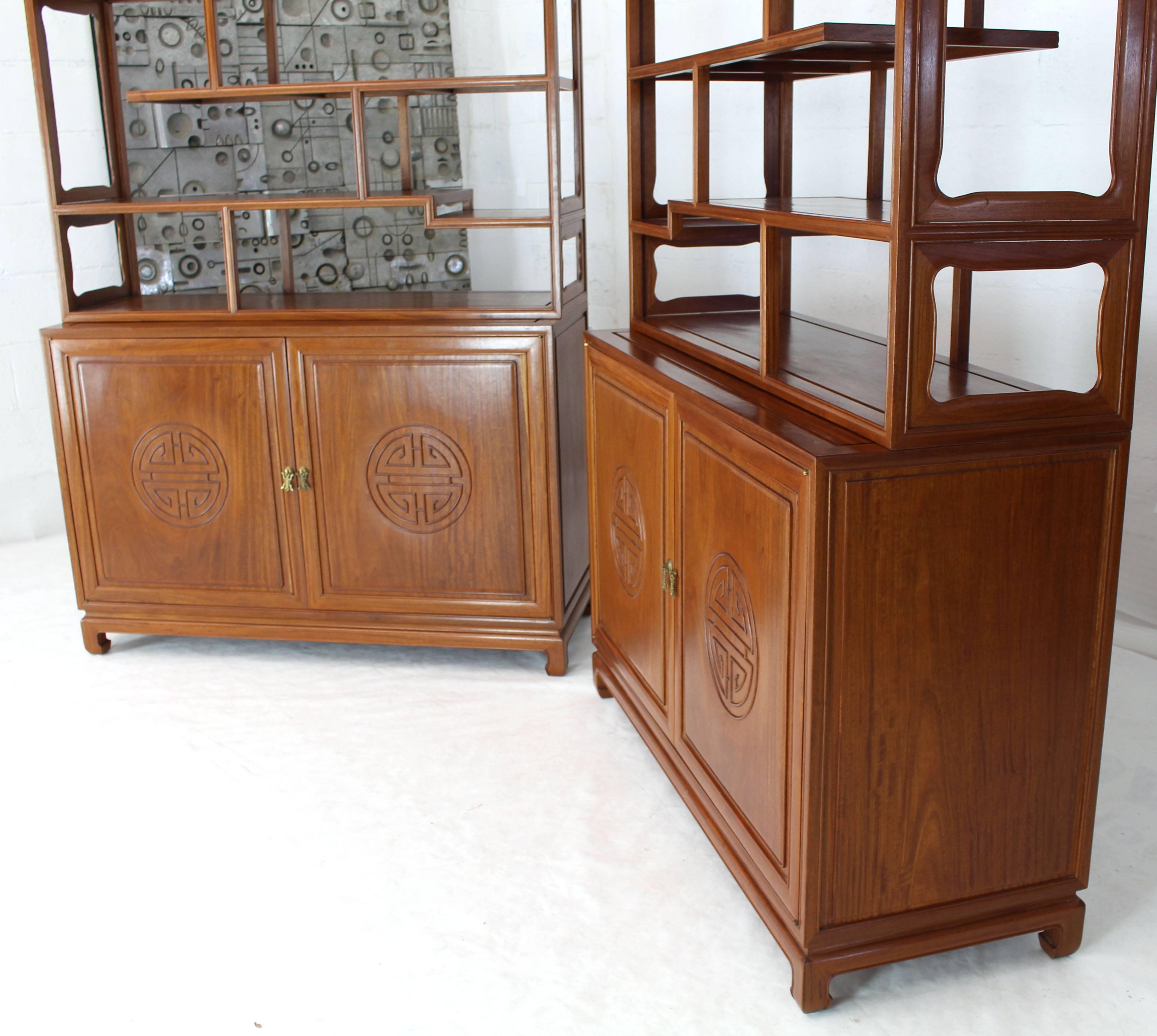 Pair of Asian Solid Teak Étagères Double Carved Doors Cabinets For Sale 1