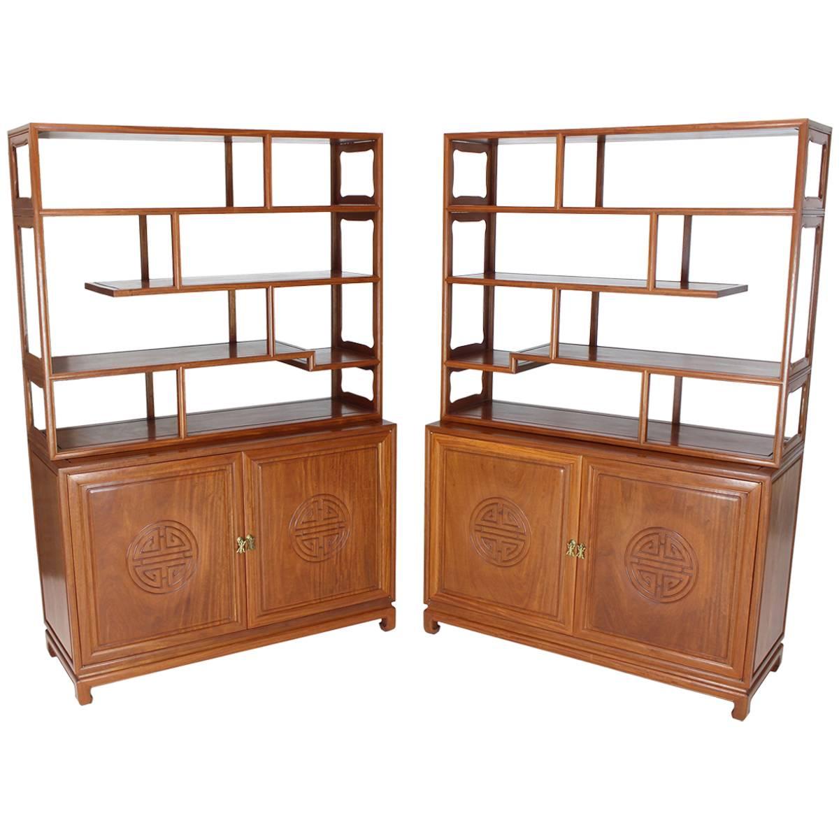 Pair of Asian Solid Teak Étagères Double Carved Doors Cabinets For Sale