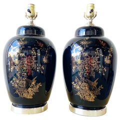 Pair of Asian Style Black Lacquer Porcelain Lamps wiith Painted Gold Flowers