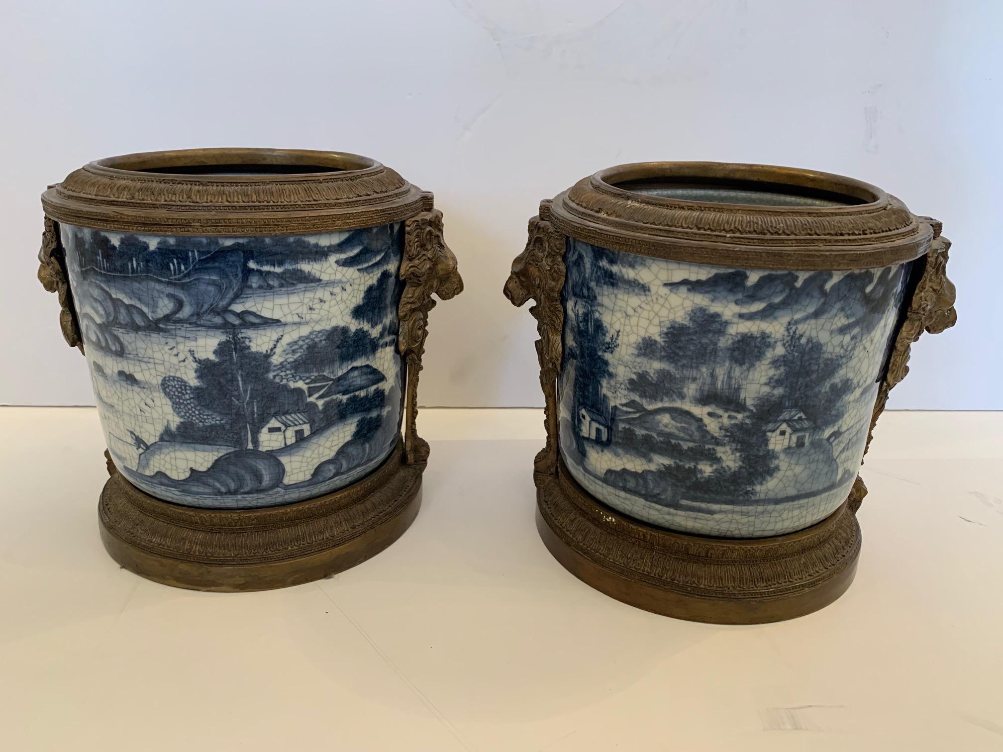 Pair of Asian Style Blue and White Flower Pots Cachepots with Bronze Decoration 6