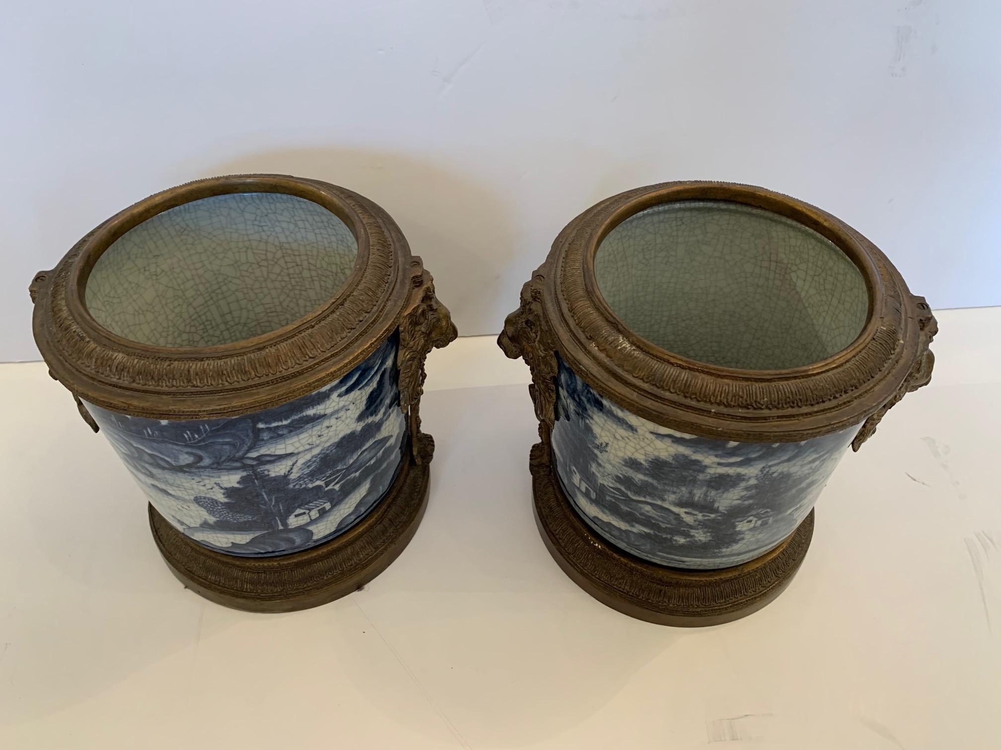 Late 20th Century Pair of Asian Style Blue and White Flower Pots Cachepots with Bronze Decoration