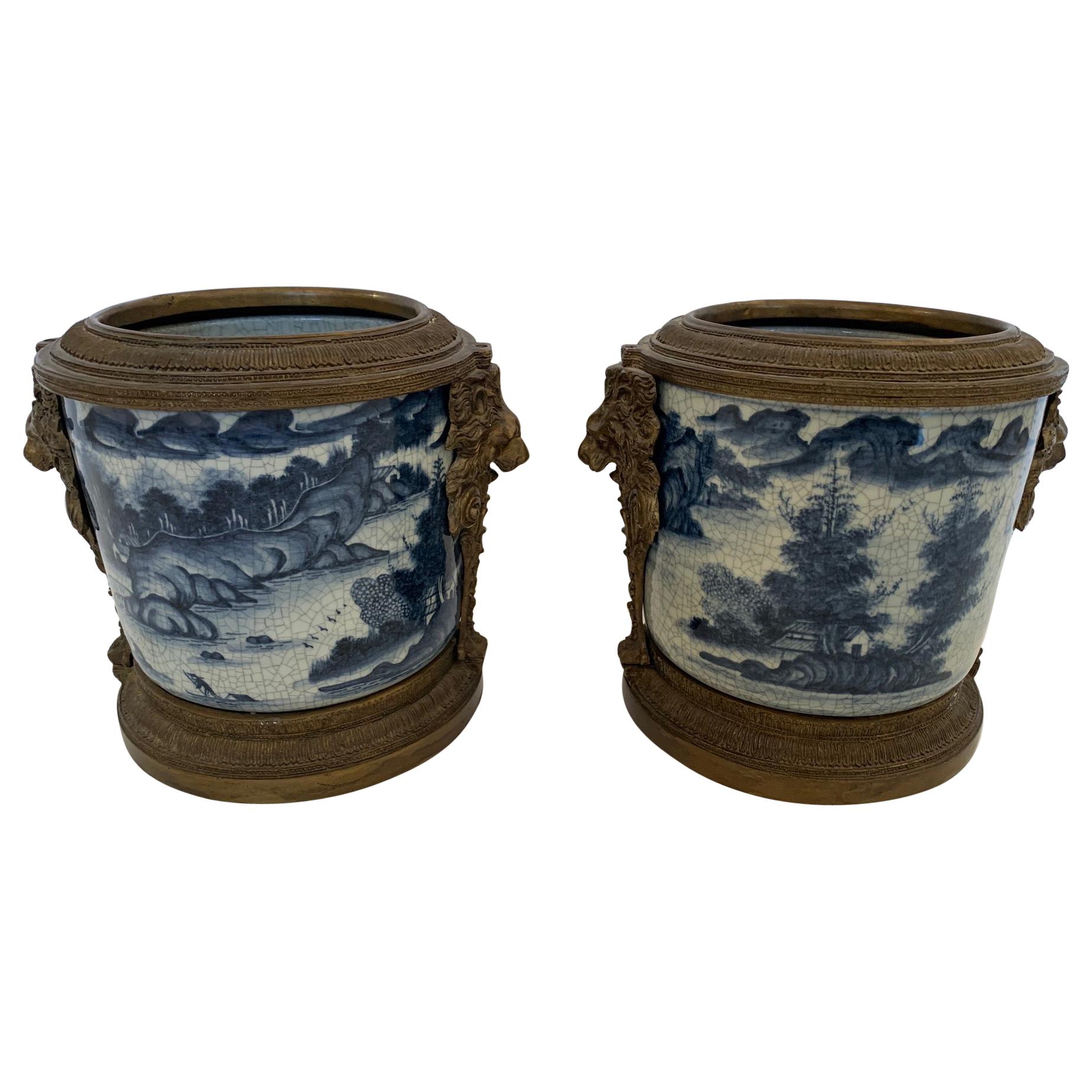 Pair of Asian Style Blue and White Flower Pots Cachepots with Bronze Decoration
