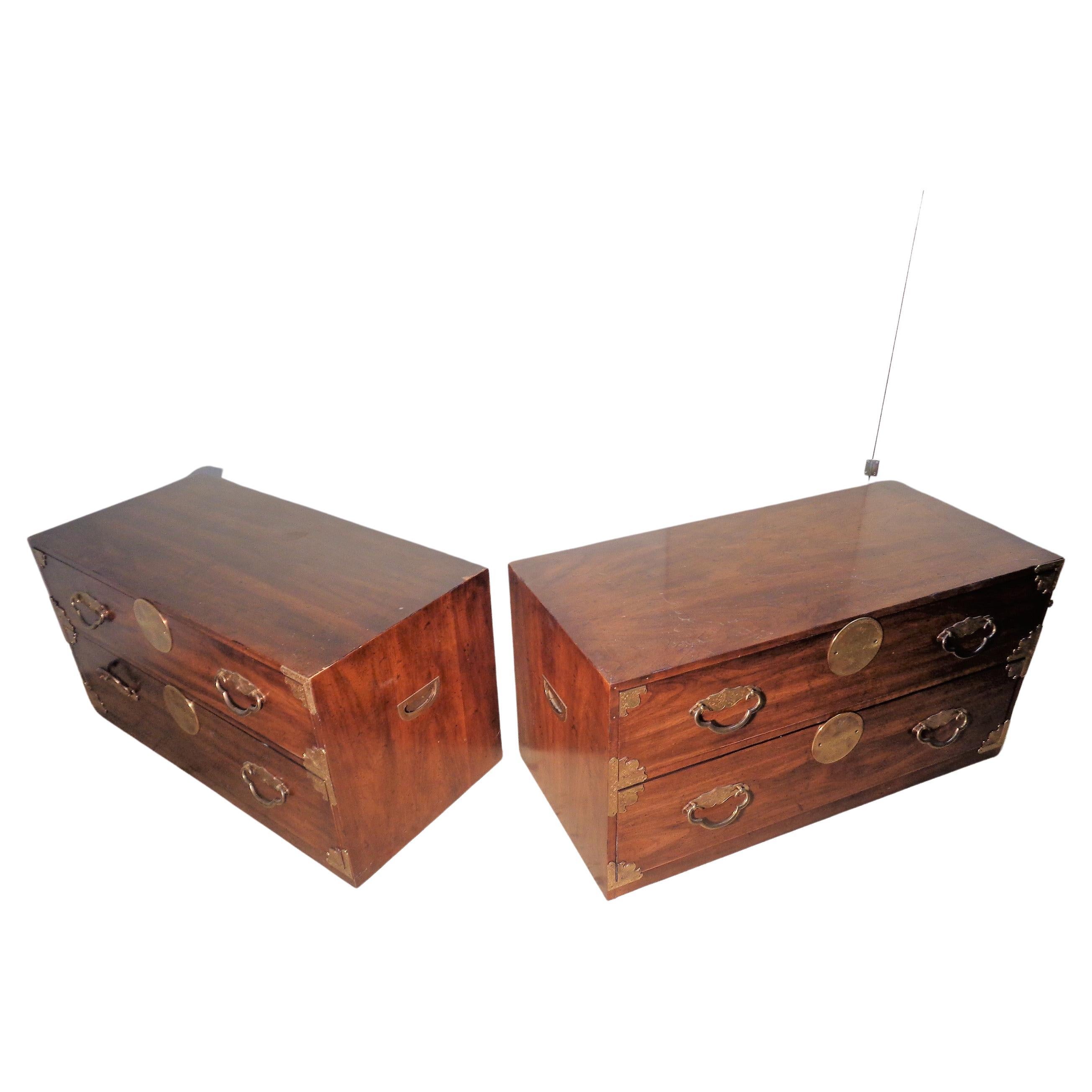 American Pair Asian Modern Style Walnut Campaign Chests Henredon, 1970's For Sale