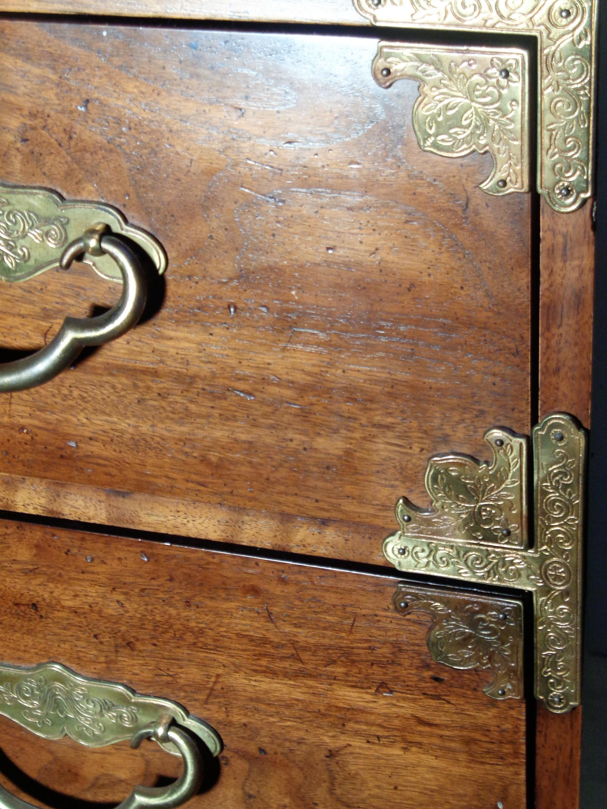 Brass Pair Asian Modern Style Walnut Campaign Chests Henredon, 1970's For Sale