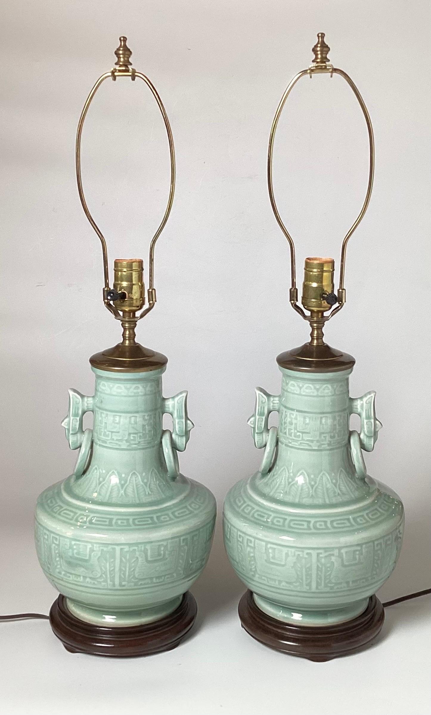 Pair of Late 20th century Asian style Celadon table lamps in very good condition.