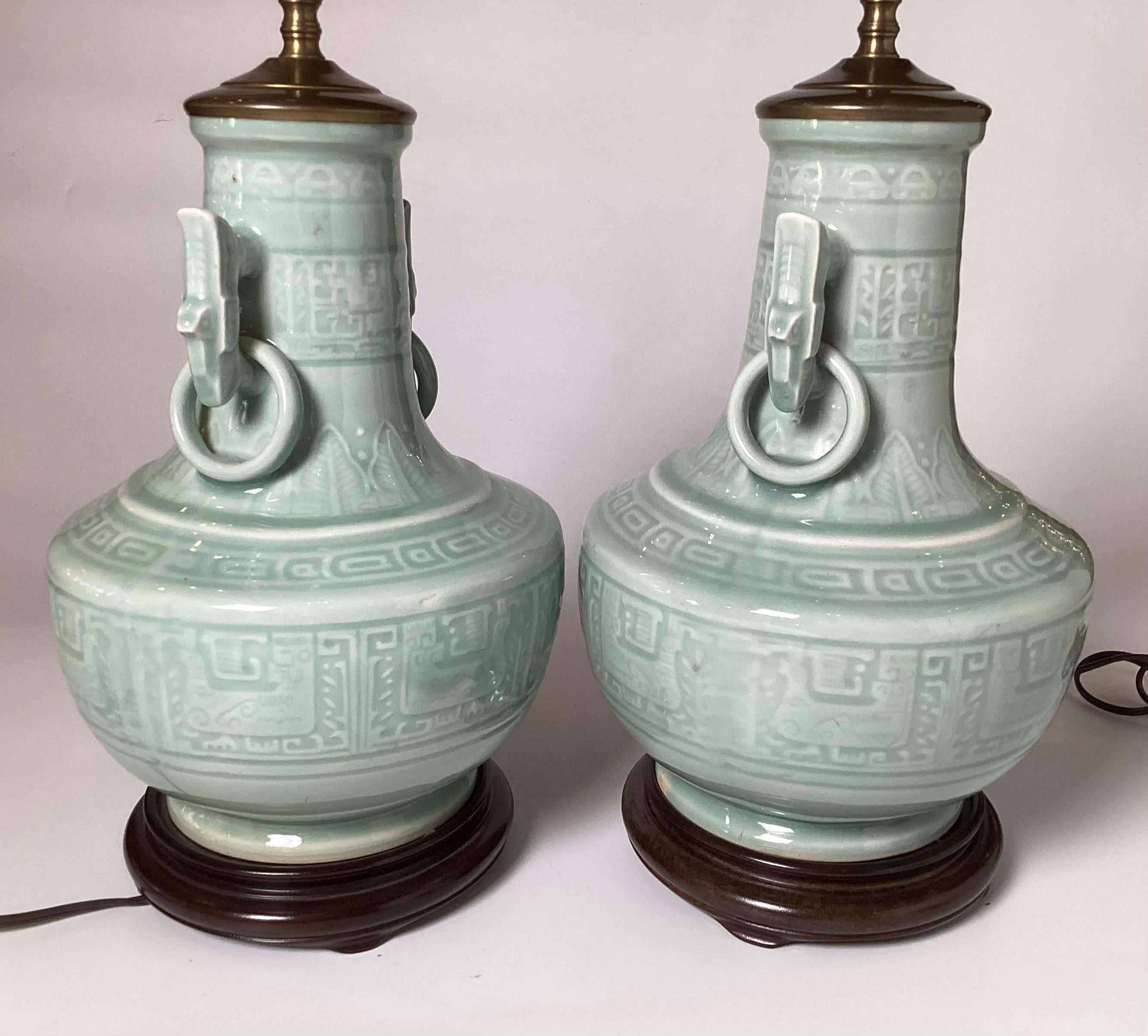 Chinese Export Pair of Asian Style Celadon Table Lamps For Sale