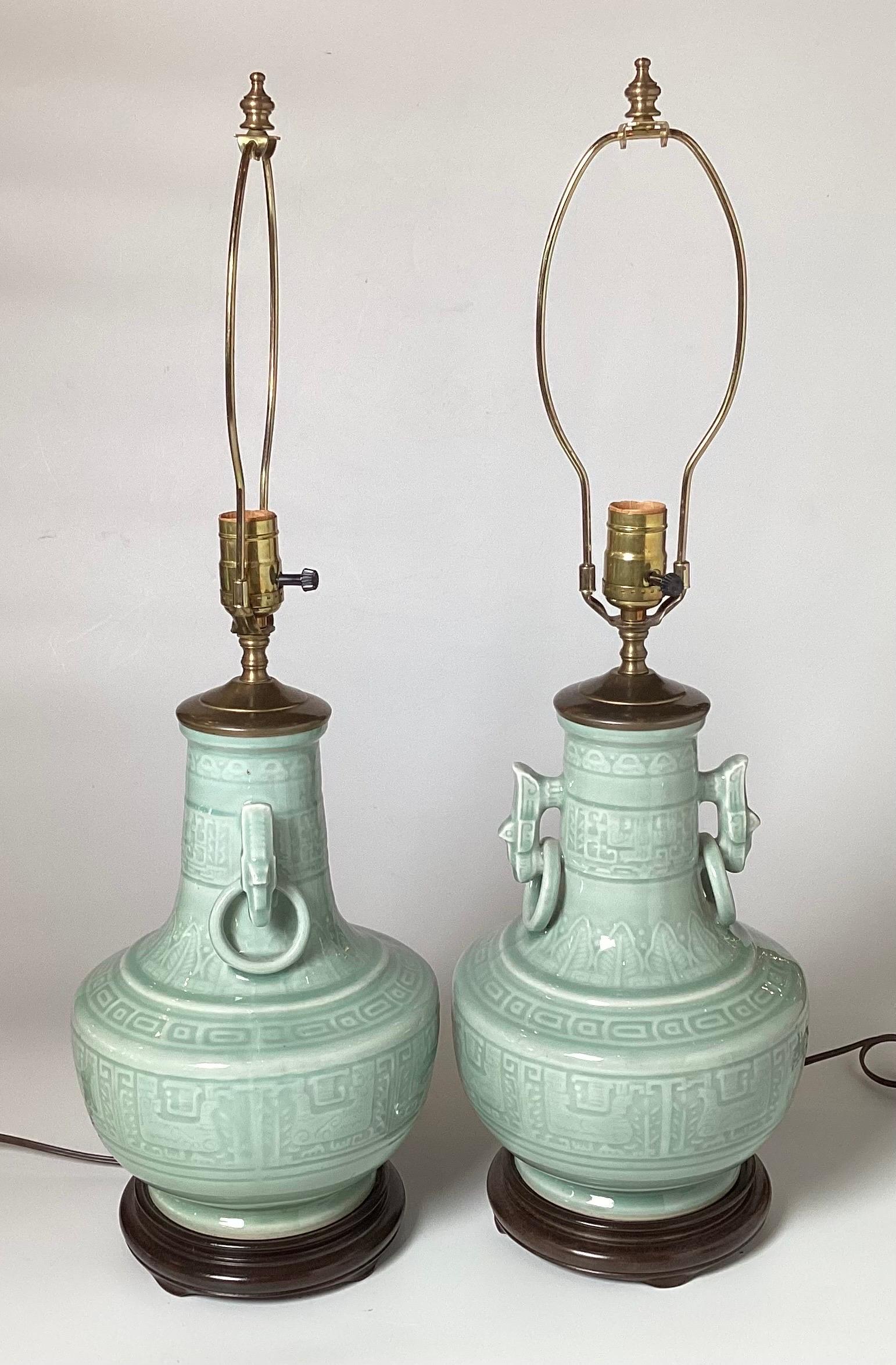 Chinese Pair of Asian Style Celadon Table Lamps For Sale