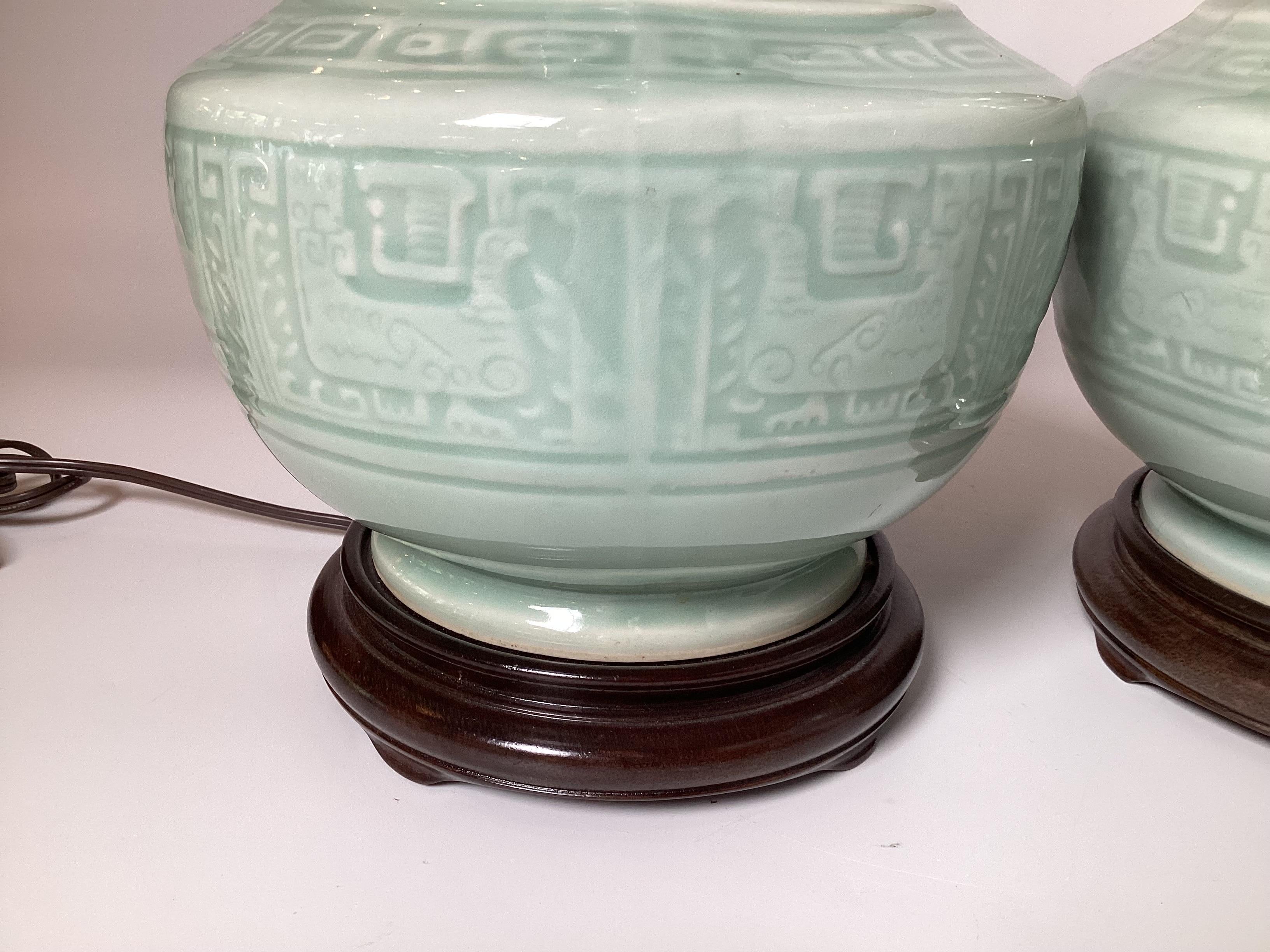 Pair of Asian Style Celadon Table Lamps In Good Condition For Sale In Lambertville, NJ