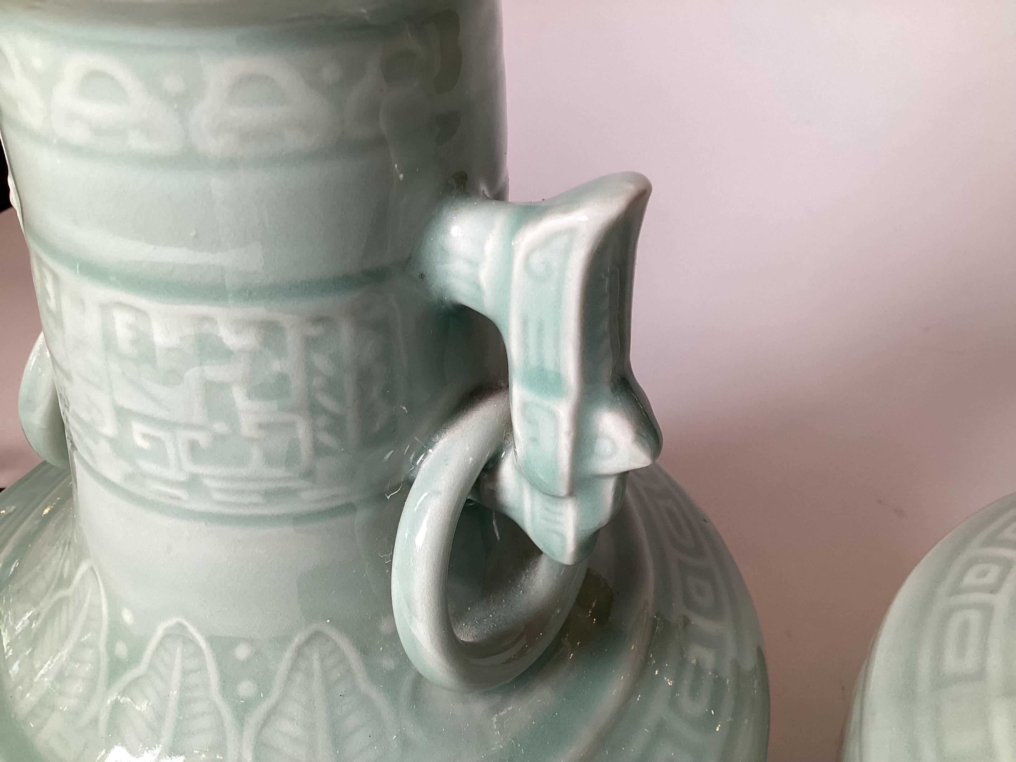 20th Century Pair of Asian Style Celadon Table Lamps For Sale
