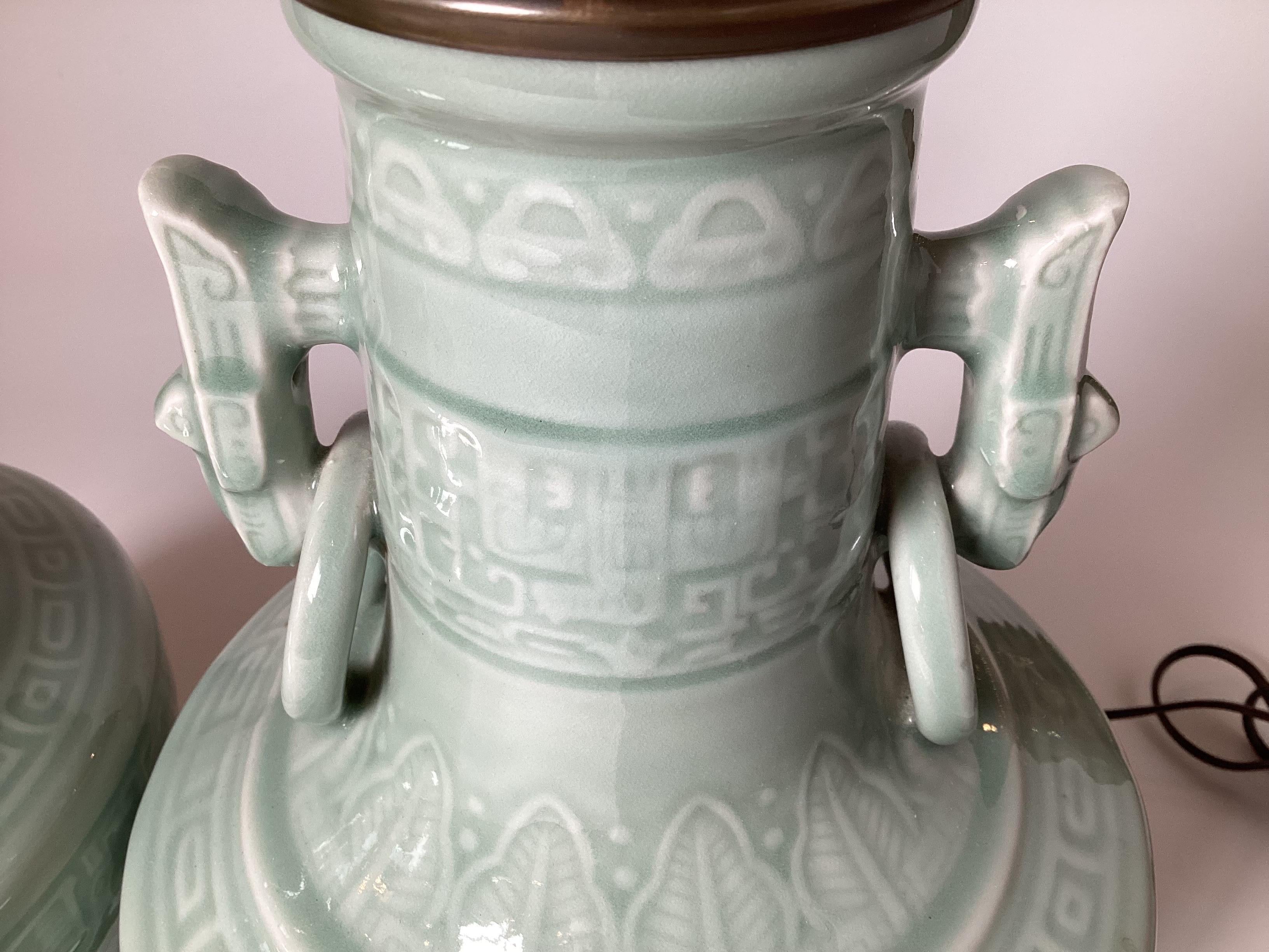 Ceramic Pair of Asian Style Celadon Table Lamps For Sale