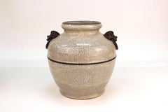 Pair of Asian Style Ceramic Jars or Urns with Metal Handles