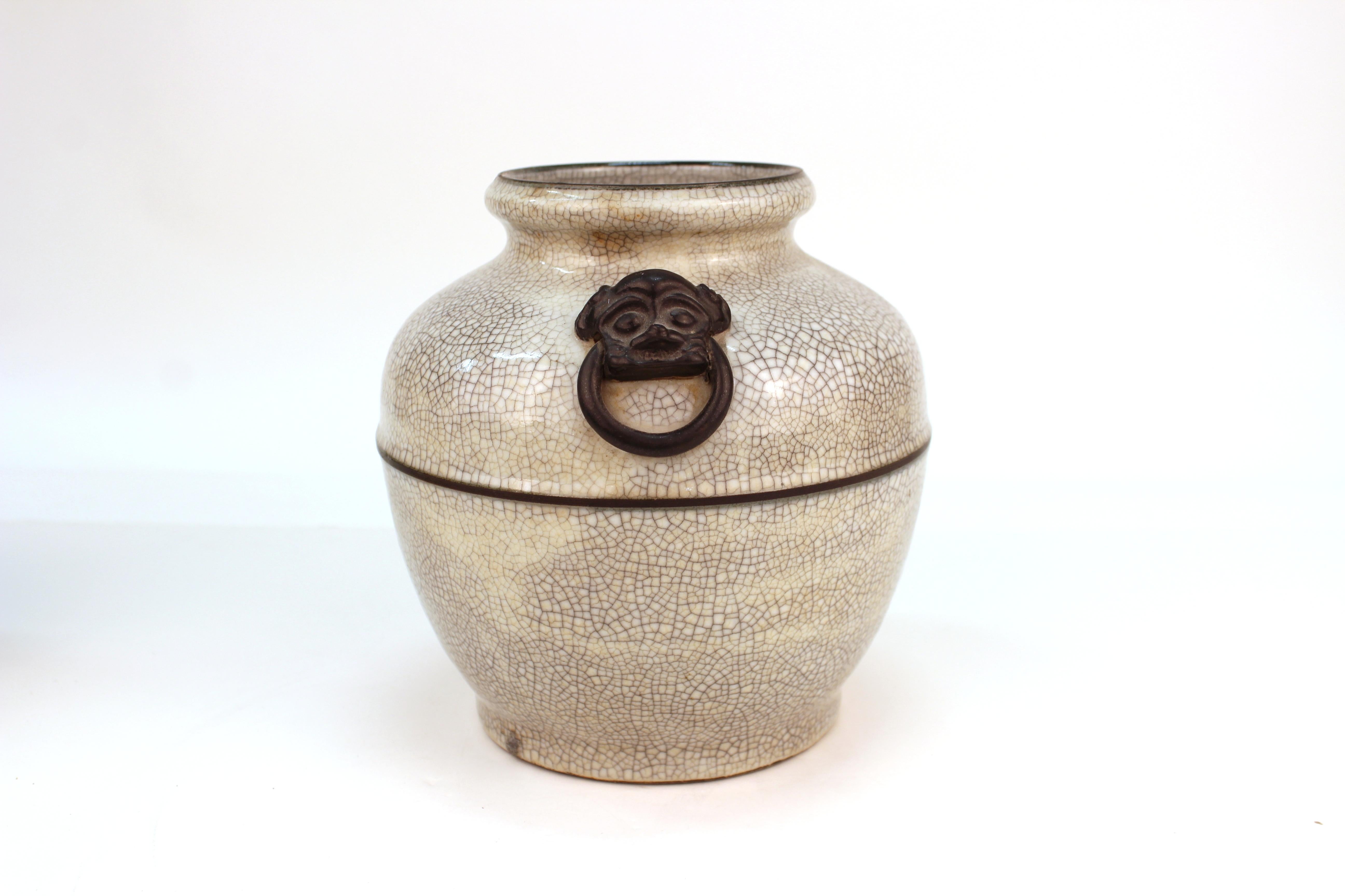 20th Century Pair of Asian Style Ceramic Jars or Urns with Metal Handles