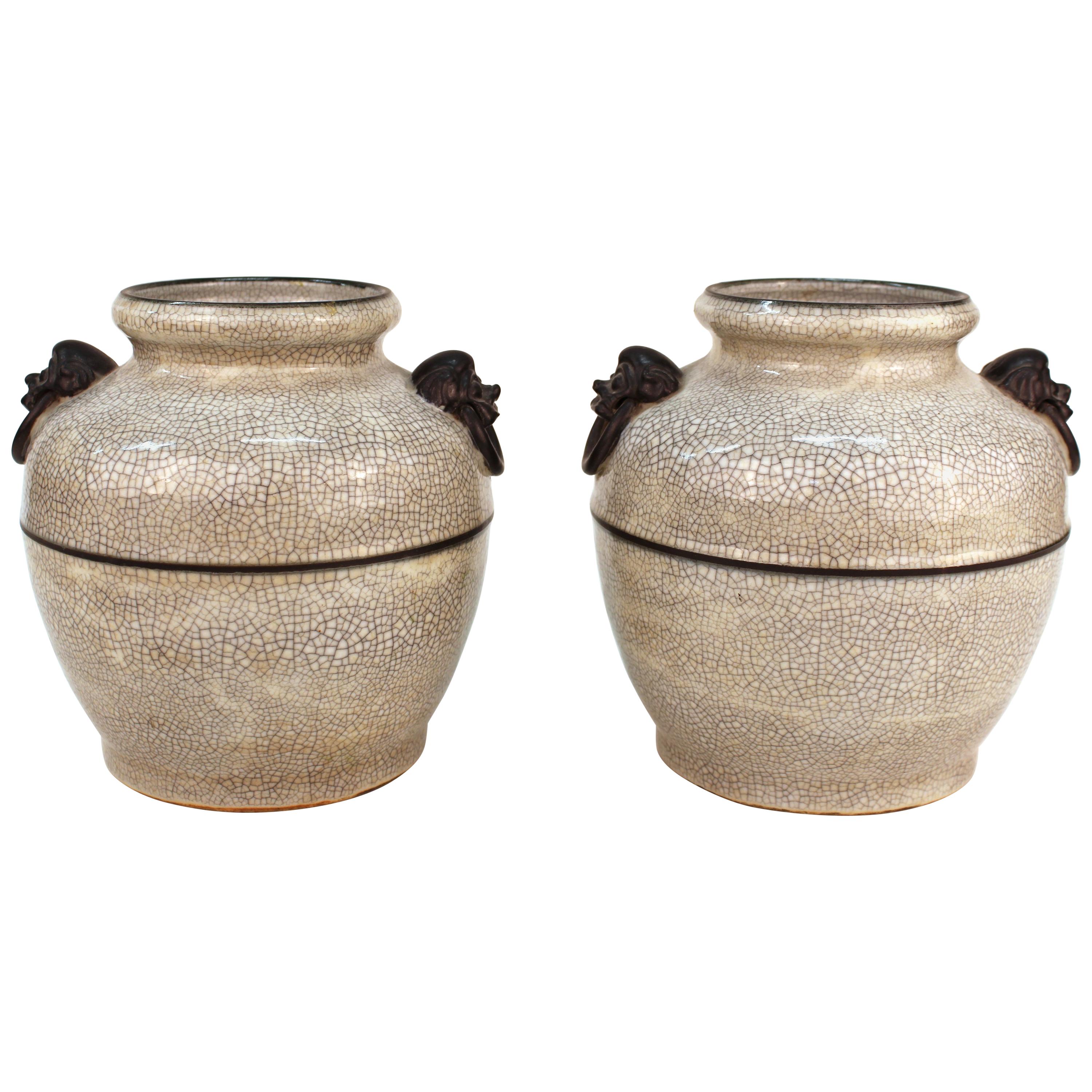 Pair of Asian Style Ceramic Jars or Urns with Metal Handles