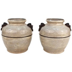 Pair of Asian Style Ceramic Jars or Urns with Metal Handles