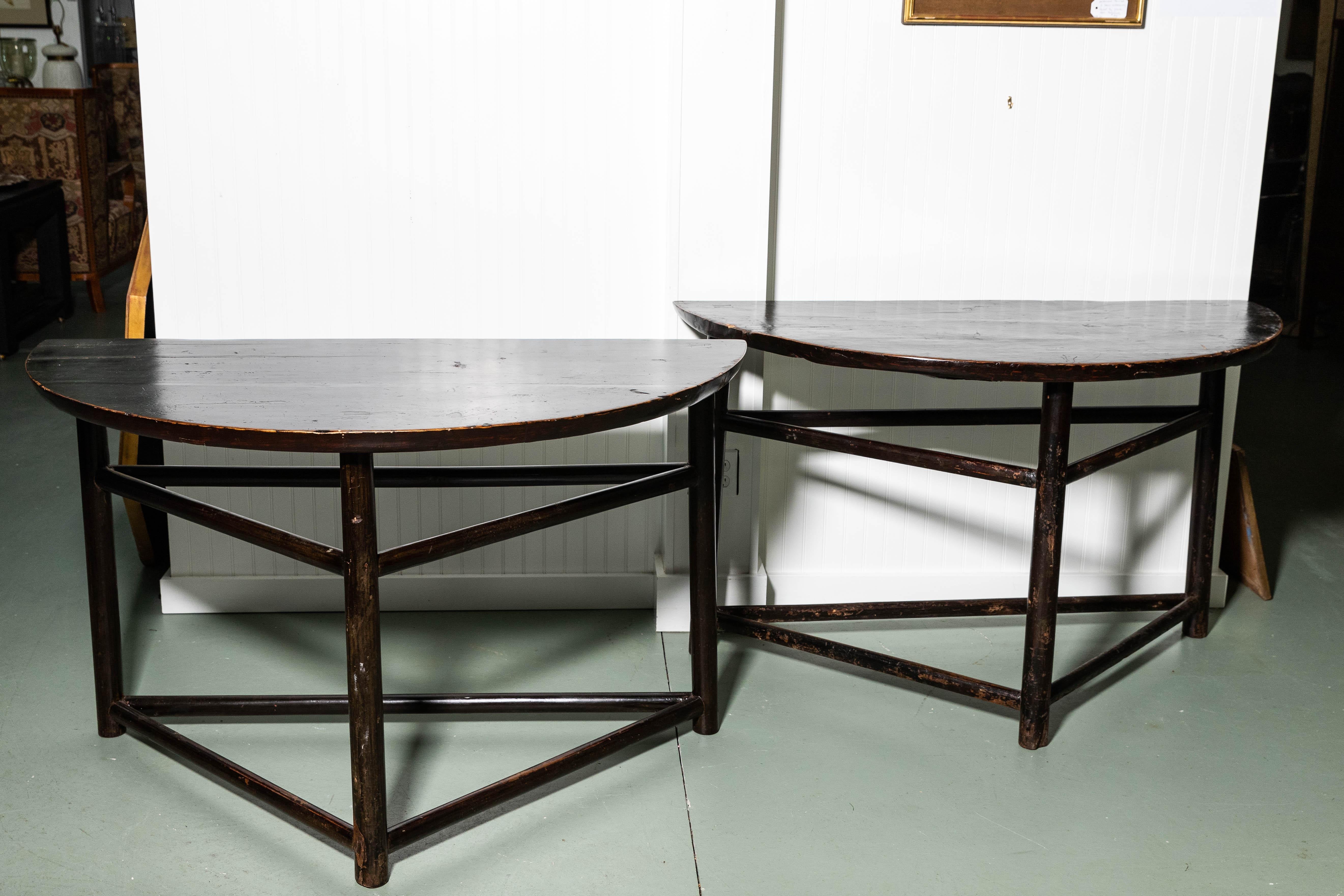 Wood Pair of Asian Style Demilune Black Lacquer Tables