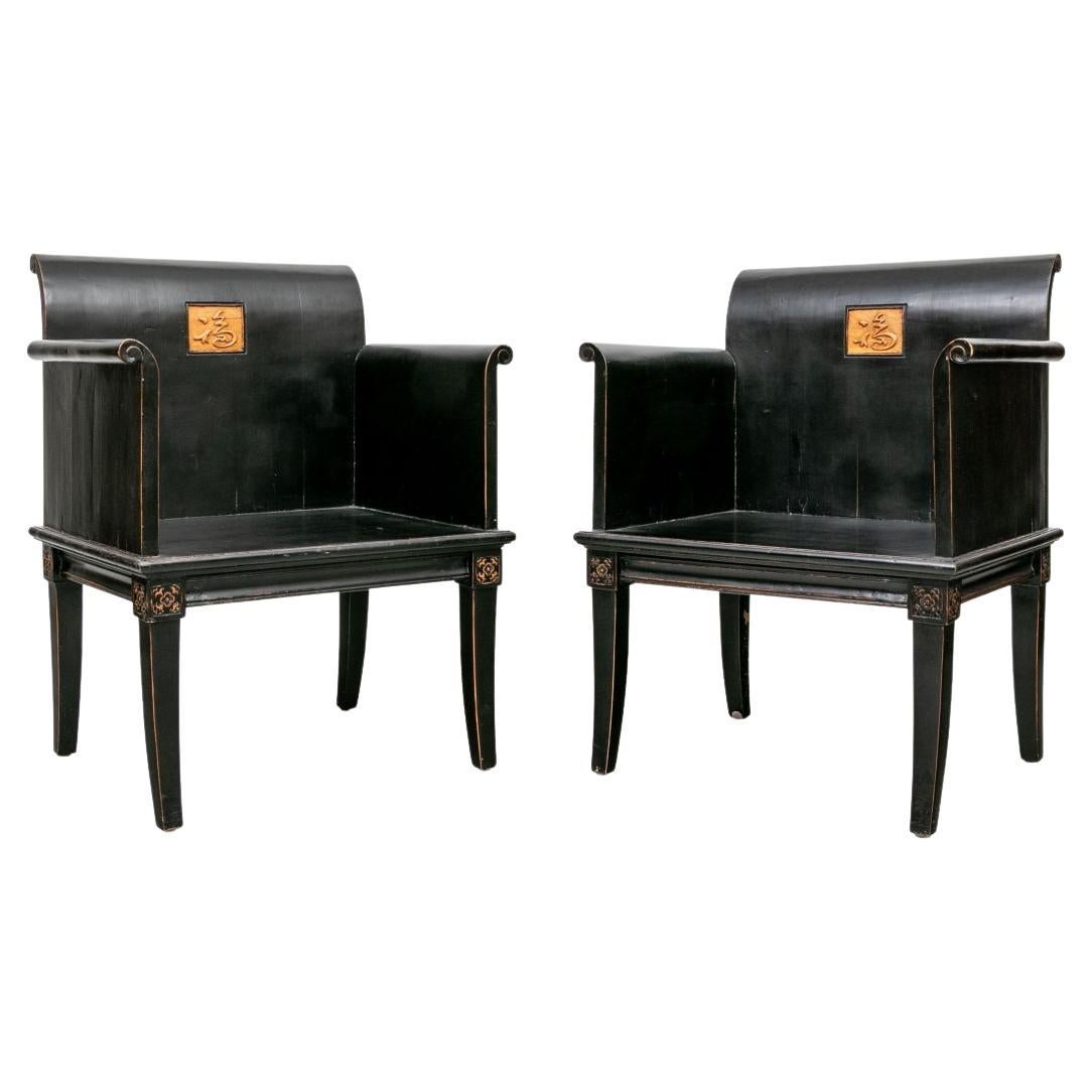 Pair Of Asian Style Ebonized Wood Club Chairs