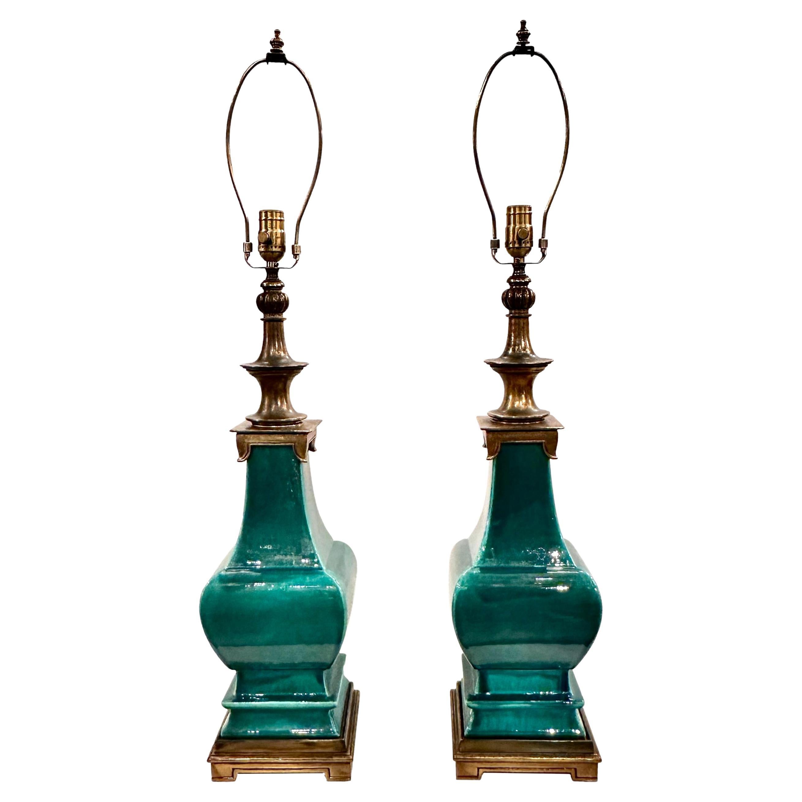 Pair of Asian Style Green Lamps For Sale