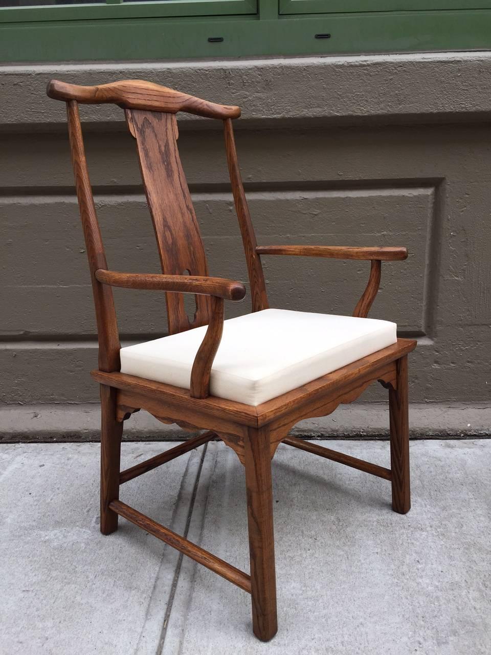 Linen Pair of Asian Style Hardwood Side Chairs For Sale