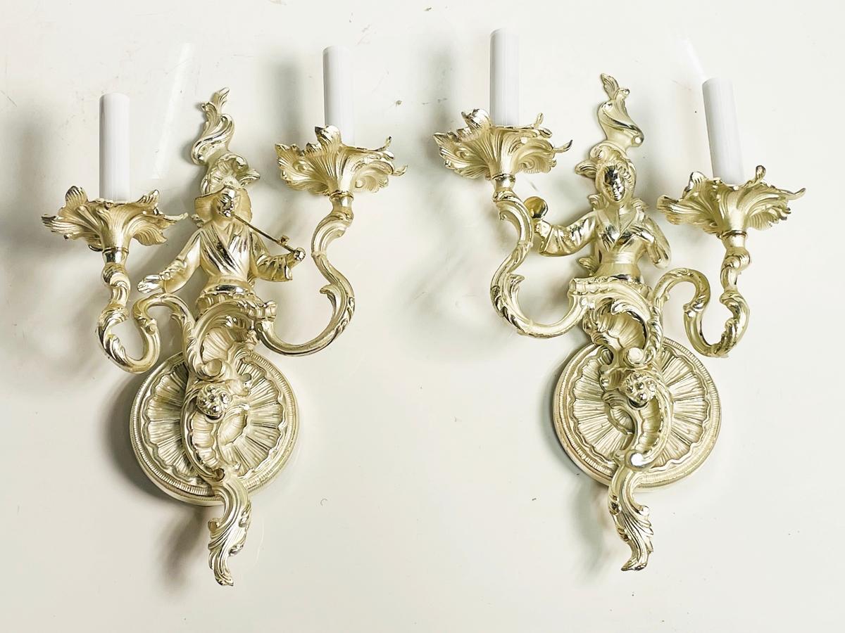 Chinoiserie Pair of Asian Style Wall Sconces in Silver Finish For Sale