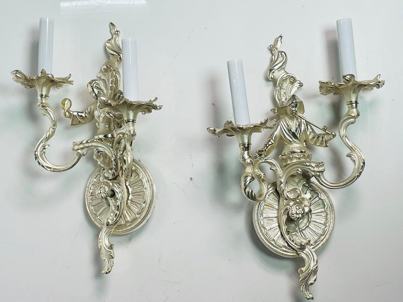 American Pair of Asian Style Wall Sconces in Silver Finish For Sale