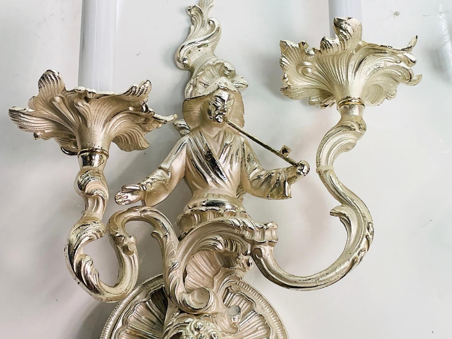 Late 20th Century Pair of Asian Style Wall Sconces in Silver Finish For Sale