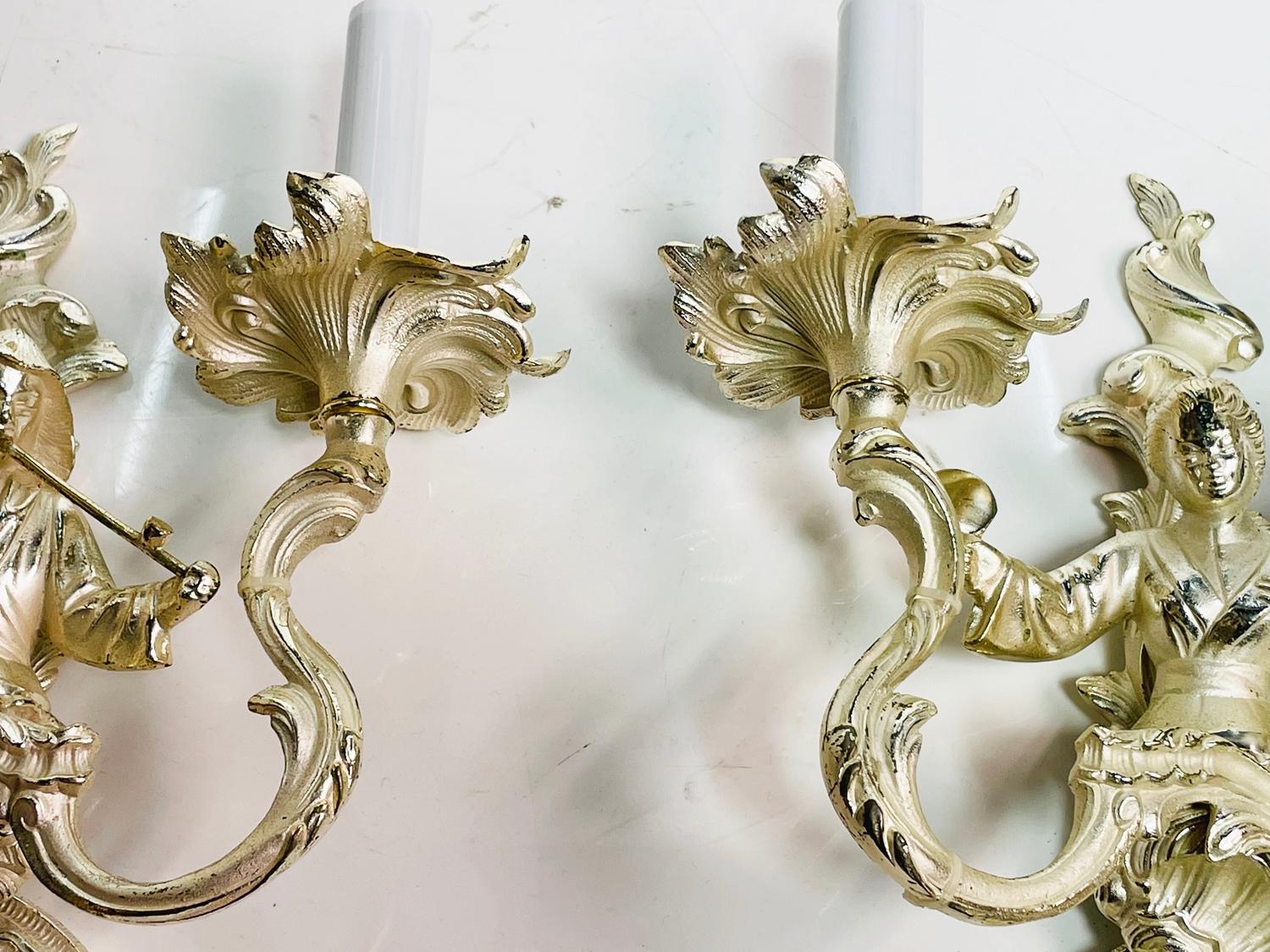 Bronze Pair of Asian Style Wall Sconces in Silver Finish For Sale