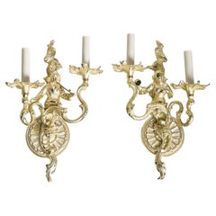 Vintage Pair of Asian Style Wall Sconces in Silver Finish