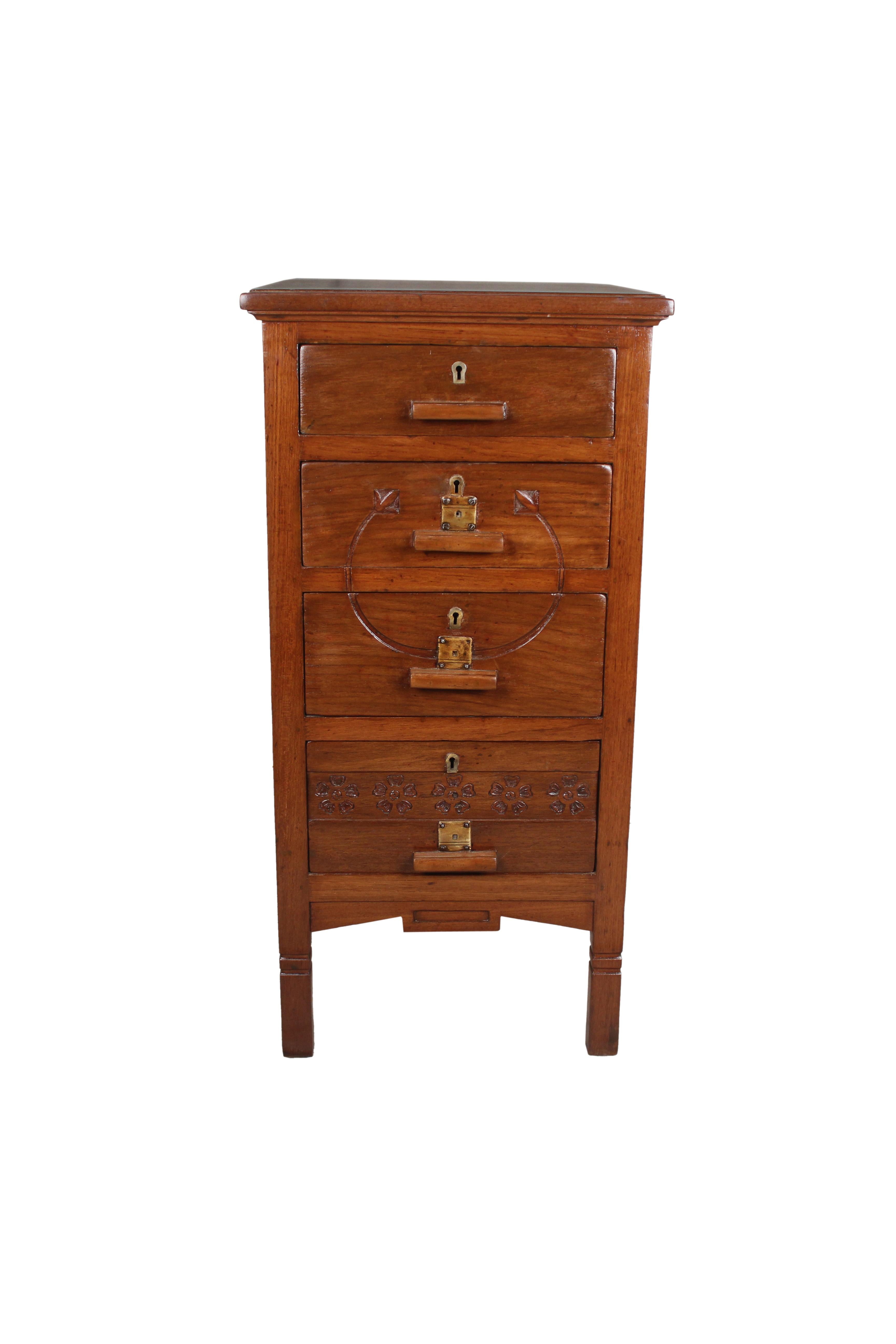 A pair of teak side or end tables that are more like fraternal twins. Same dimensions, wood and details, just slightly different uses and Asian adornments. The pulls are wood with brass escutcheons with working locks, and each offers it's own