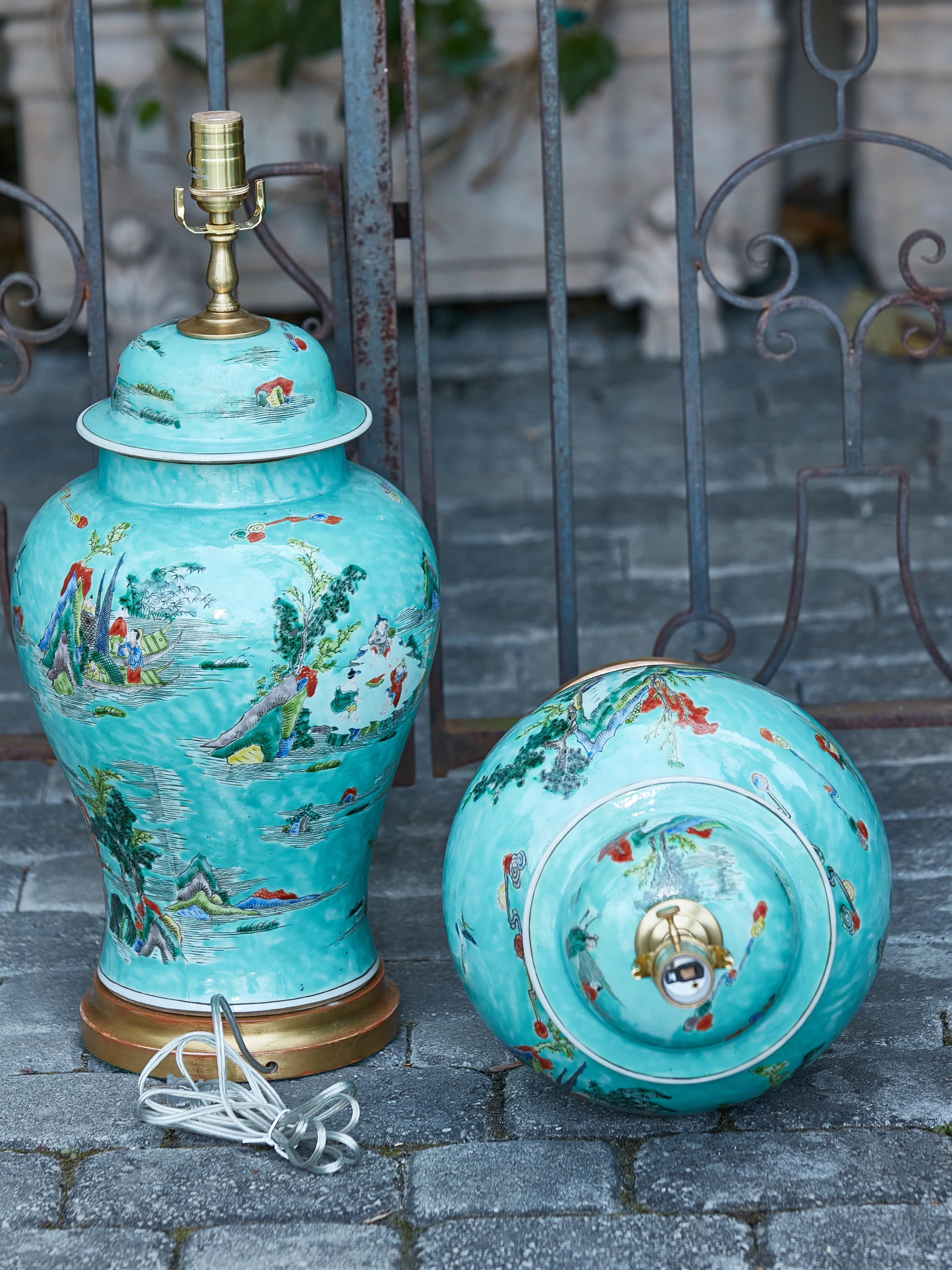 Pair of Asian Turquoise Lidded Urns Table Lamps on Round Gilded Bases, US Wired For Sale 4
