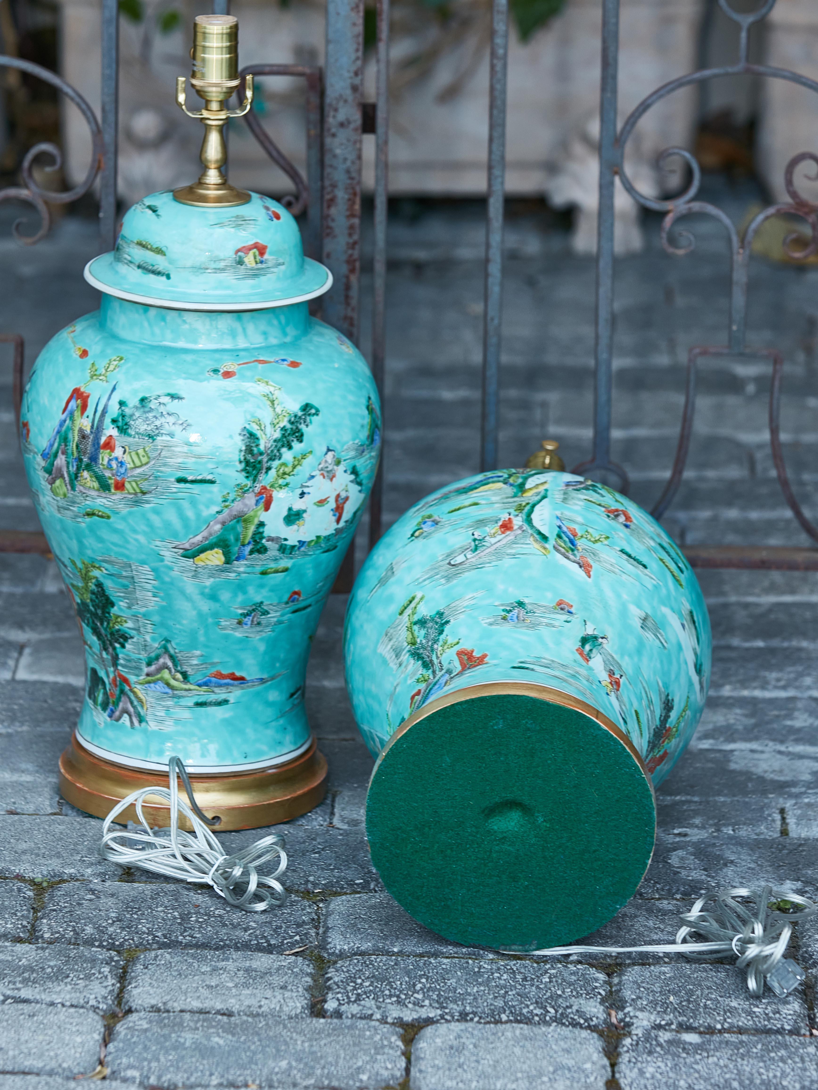 Pair of Asian Turquoise Lidded Urns Table Lamps on Round Gilded Bases, US Wired For Sale 6