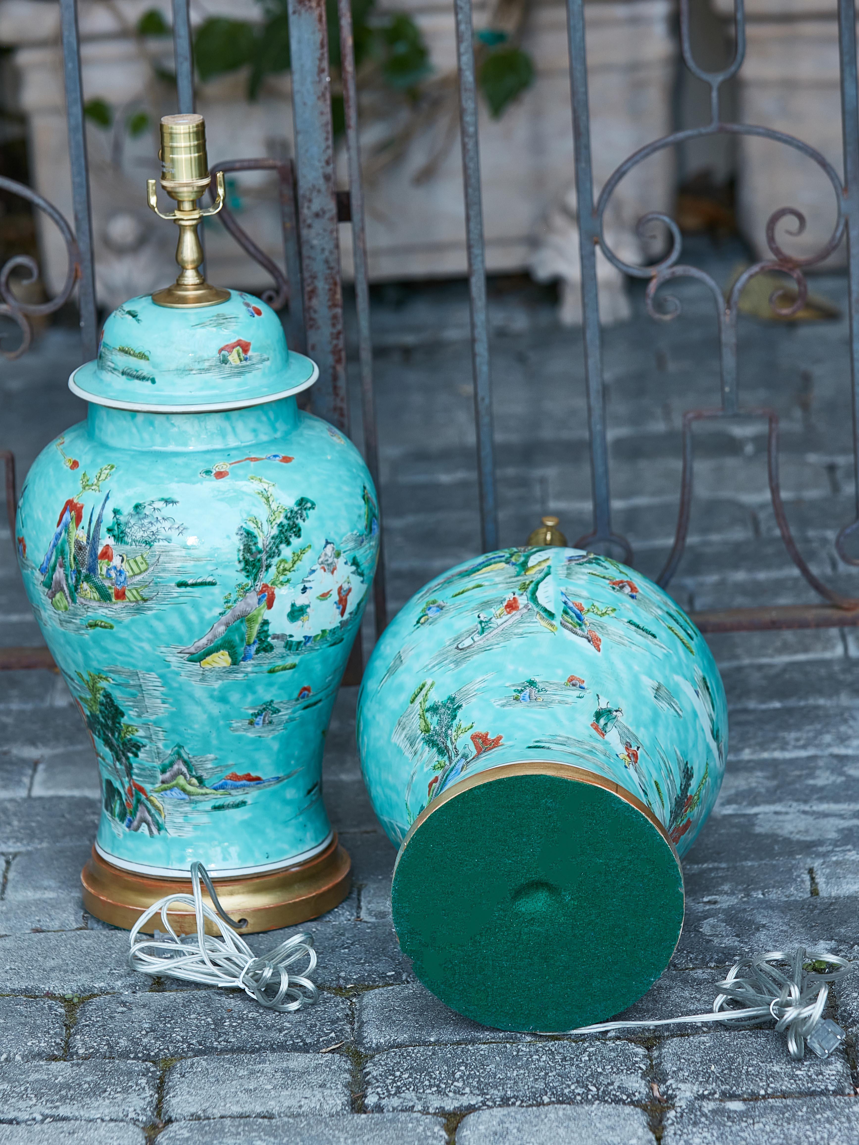 Pair of Asian Turquoise Lidded Urns Table Lamps on Round Gilded Bases, US Wired For Sale 7