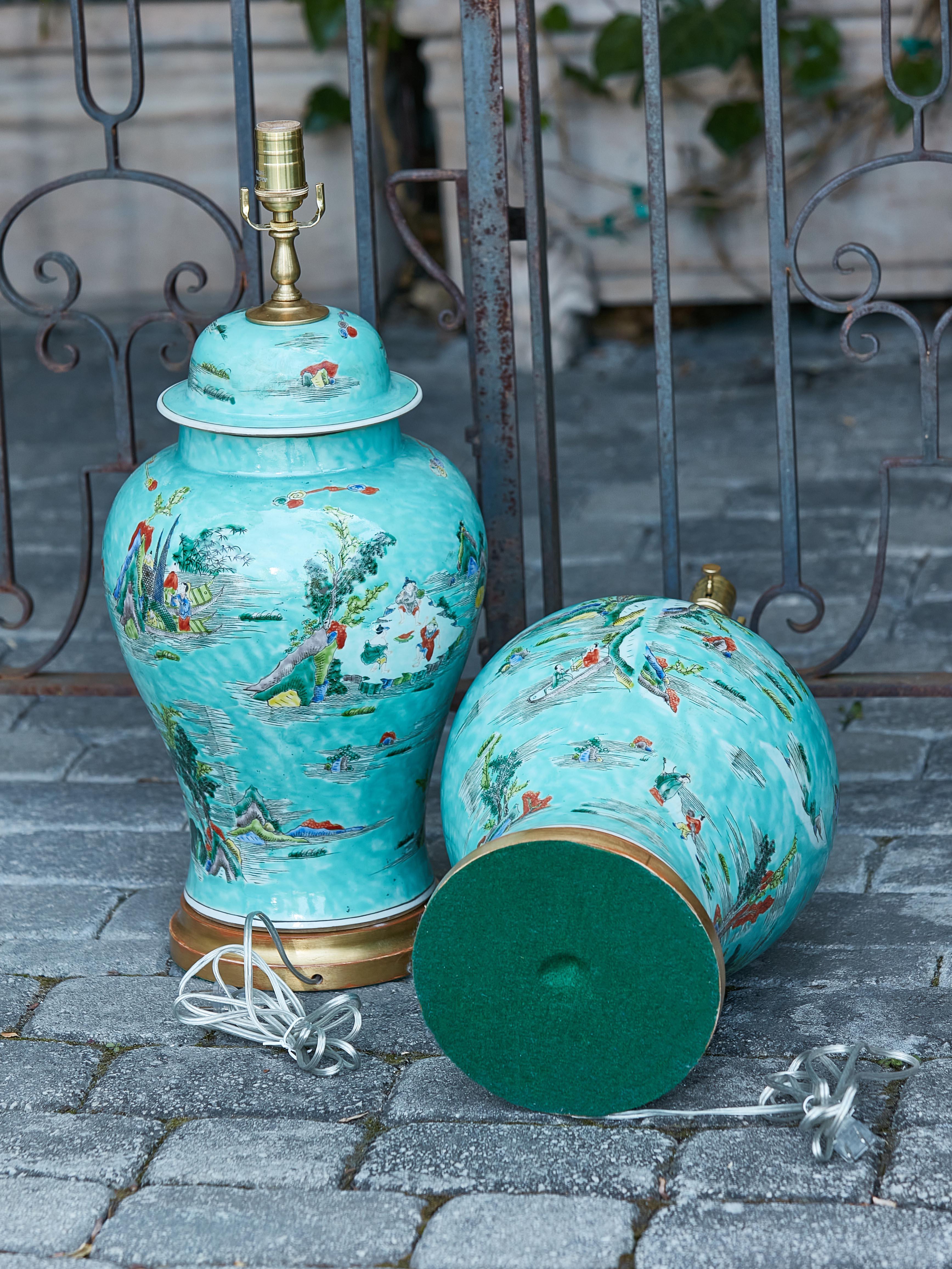 Pair of Asian Turquoise Lidded Urns Table Lamps on Round Gilded Bases, US Wired For Sale 10