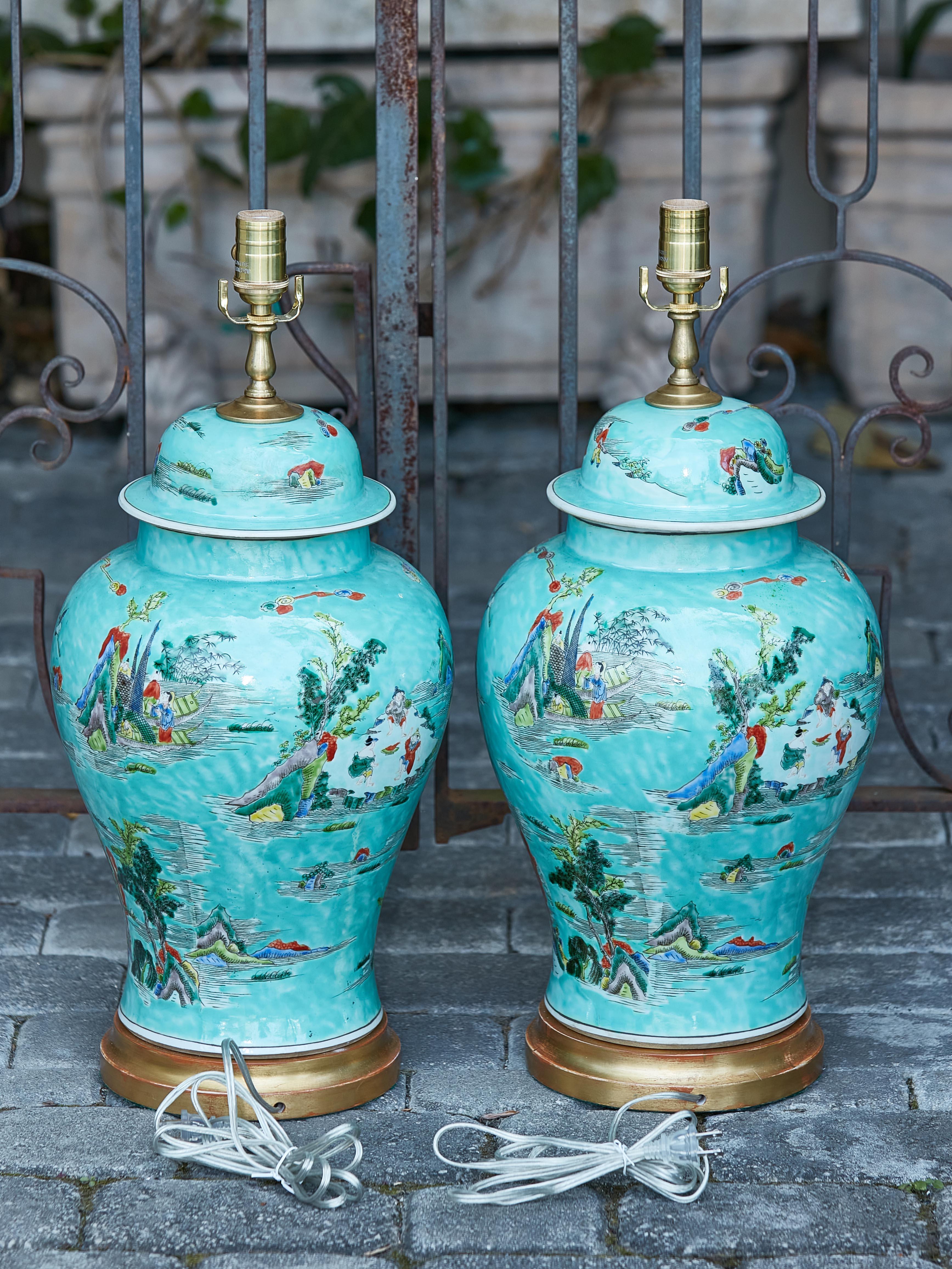 Gilt Pair of Asian Turquoise Lidded Urns Table Lamps on Round Gilded Bases, US Wired For Sale