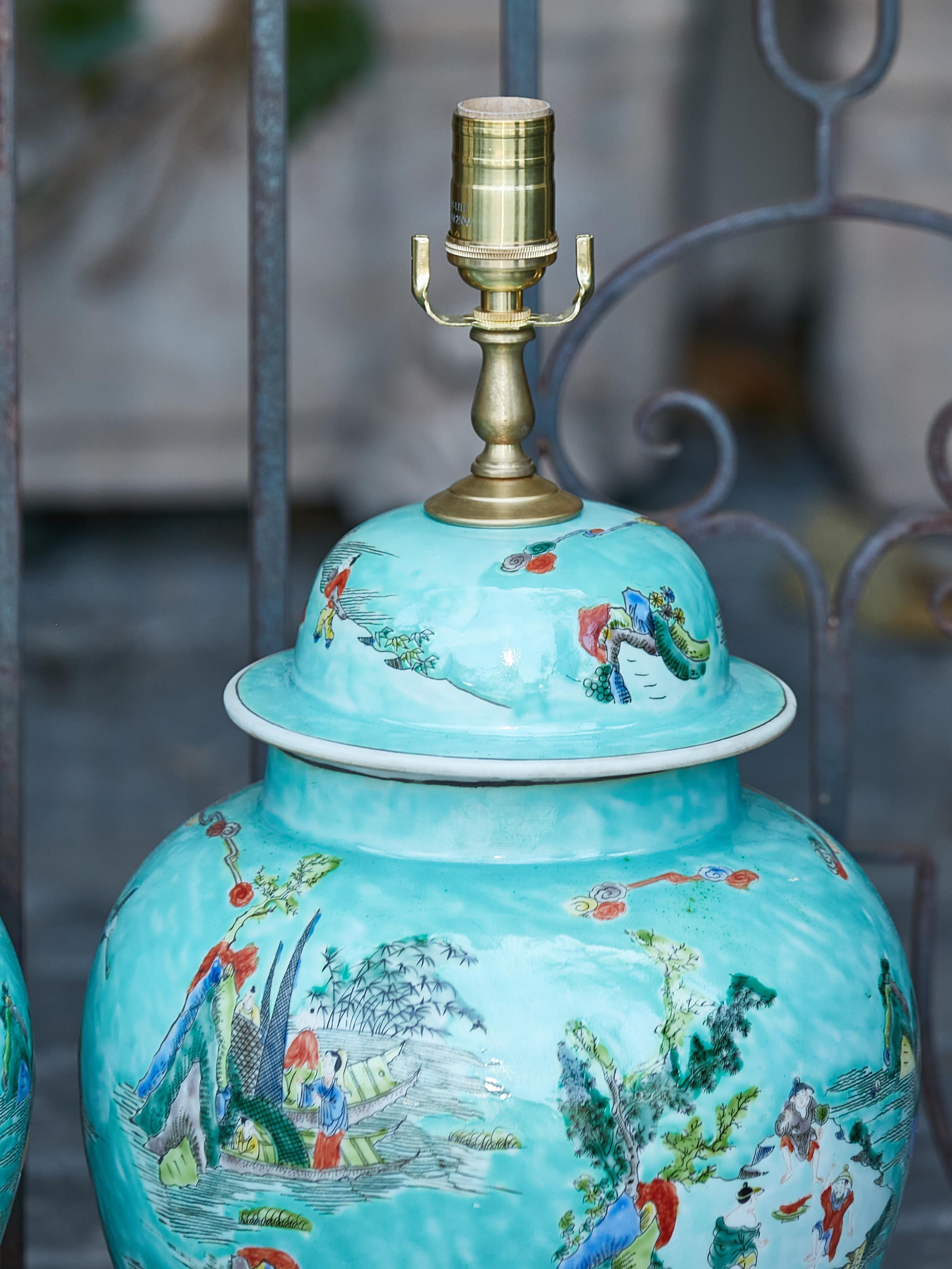 Pair of Asian Turquoise Lidded Urns Table Lamps on Round Gilded Bases, US Wired For Sale 2