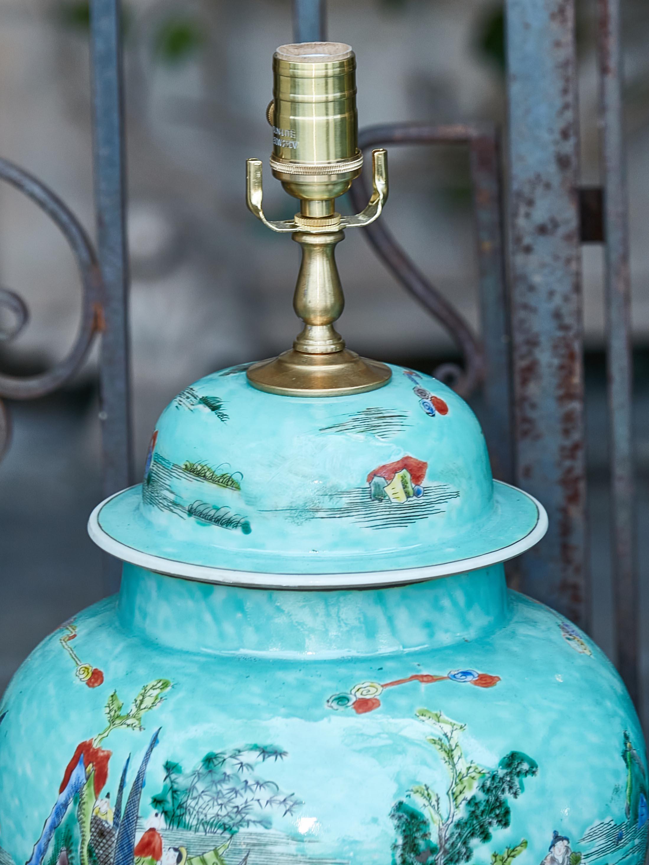Pair of Asian Turquoise Lidded Urns Table Lamps on Round Gilded Bases, US Wired For Sale 3