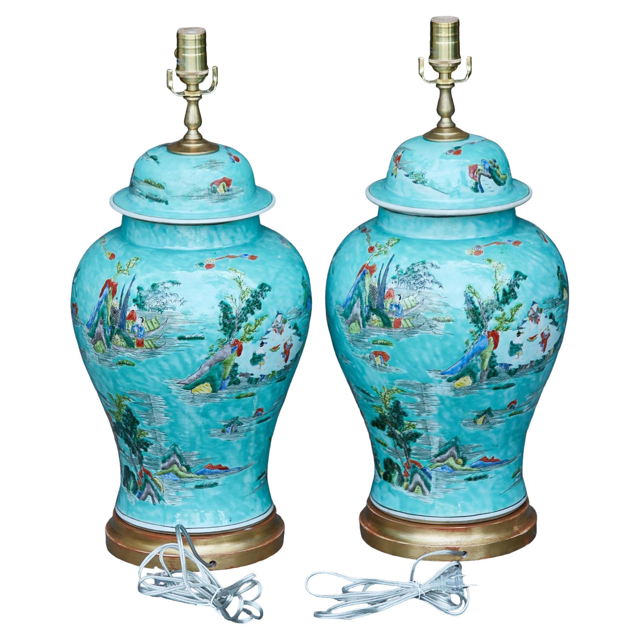 Pair of Asian Turquoise Lidded Urns Table Lamps on Round Gilded Bases, US Wired For Sale