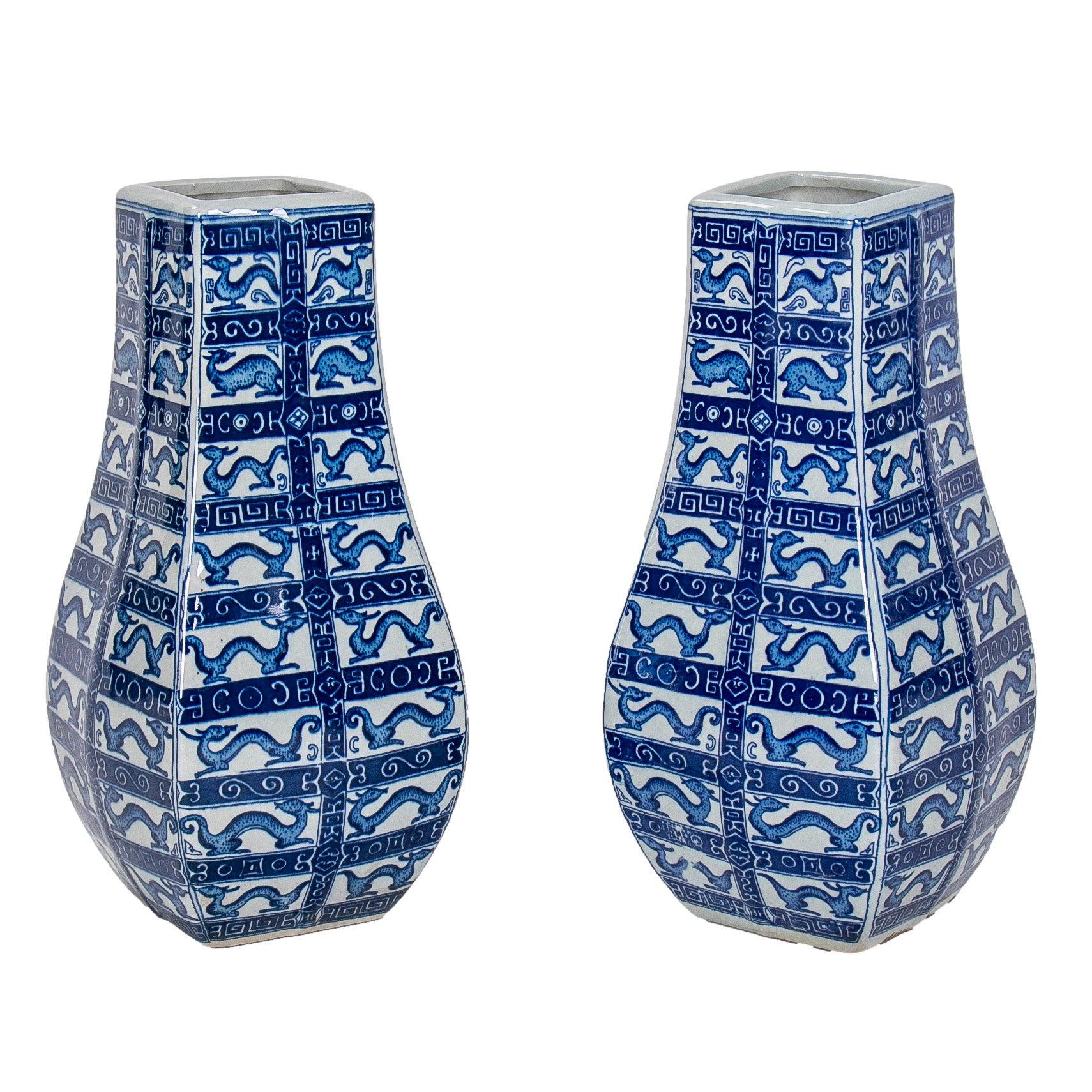 Pair of Asian White and Cobalt Blue Glazed Porcelain Vases 