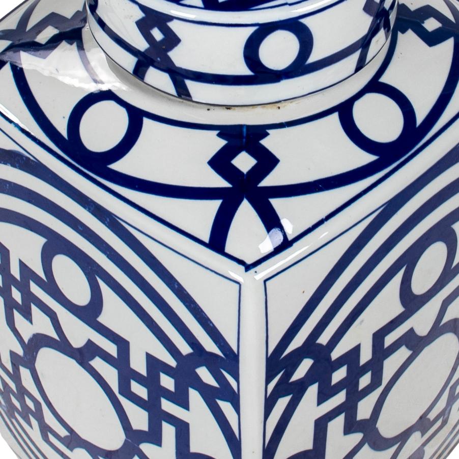 Ceramic Pair of Asian White Glazed Porcelain Urns w/ Blue Geometric Decorations & Lids For Sale